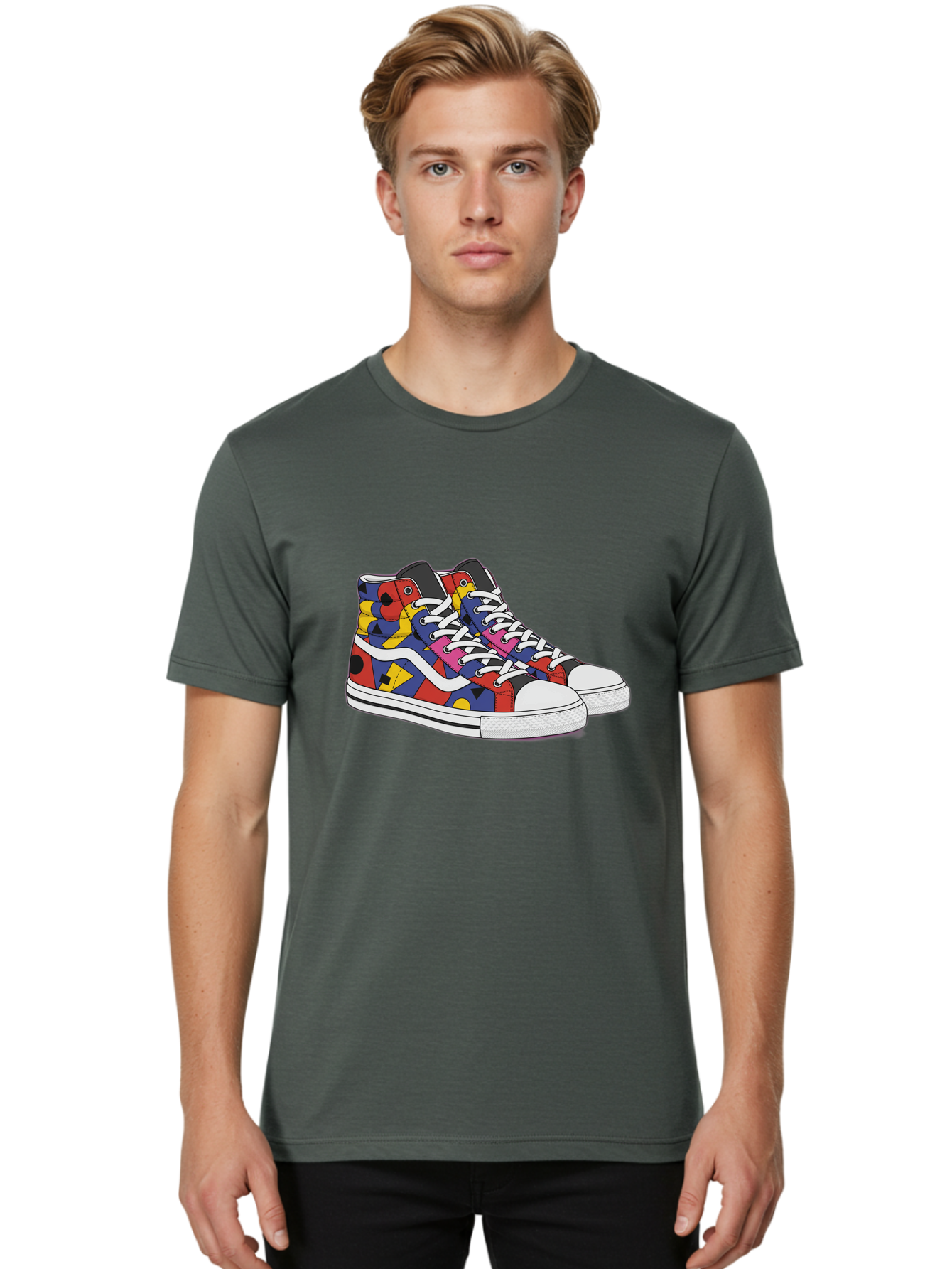 Colorful-Sneakers Men'S Graphic Tee, 100% Cotton, Comfortable Casual Summer Wear, Machine Washable, High-Top Sneakers, Colorful Sneakers, Abstract Shapes, Vibrant Colors, Bold Design, Streetwear Fashion, Trendy Footwear, White Laces, Baa394 6