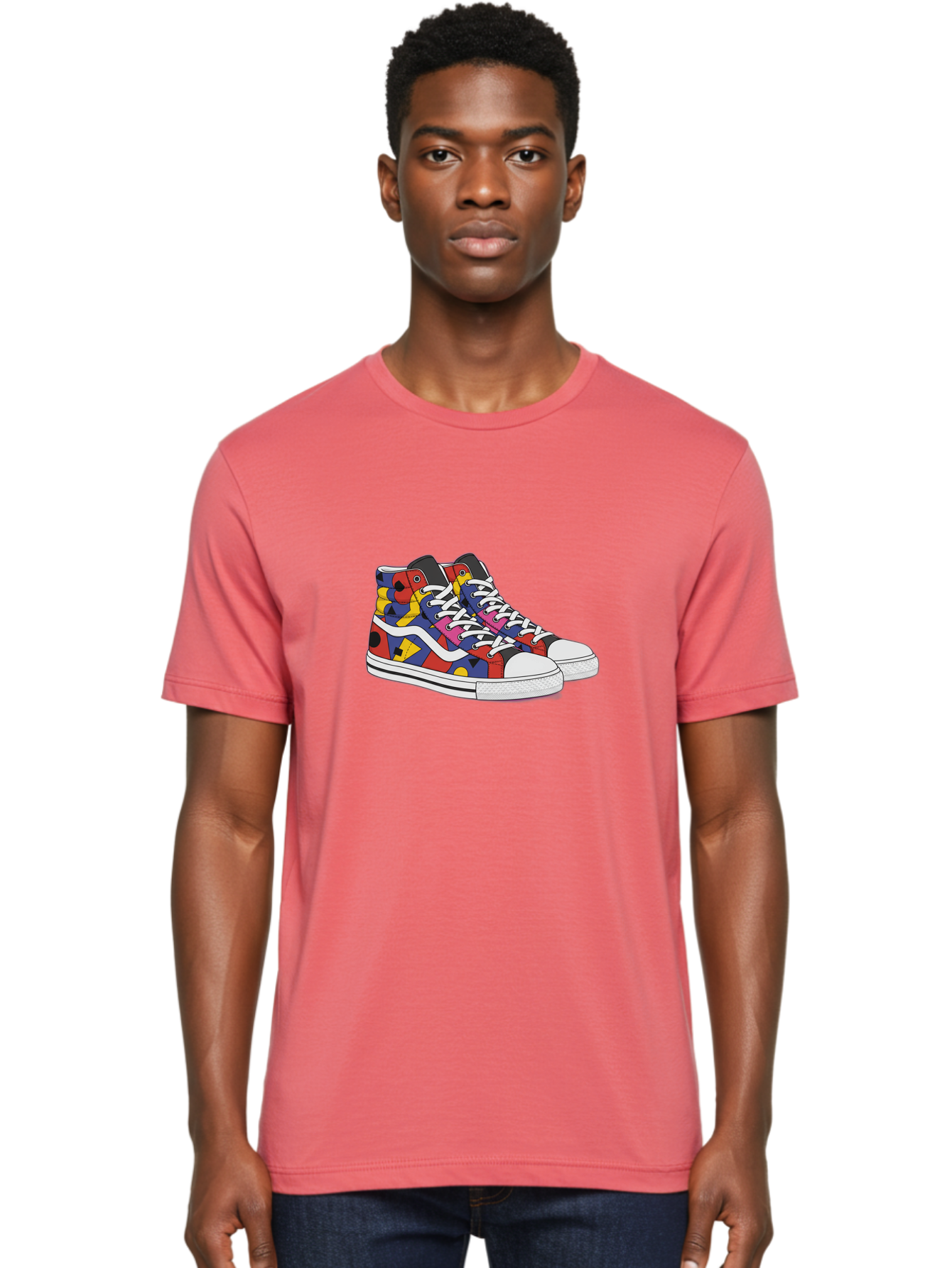 Colorful-Sneakers Men'S Graphic Tee, 100% Cotton, Comfortable Casual Summer Wear, Machine Washable, High-Top Sneakers, Colorful Sneakers, Abstract Shapes, Vibrant Colors, Bold Design, Streetwear Fashion, Trendy Footwear, White Laces, Baa394 26