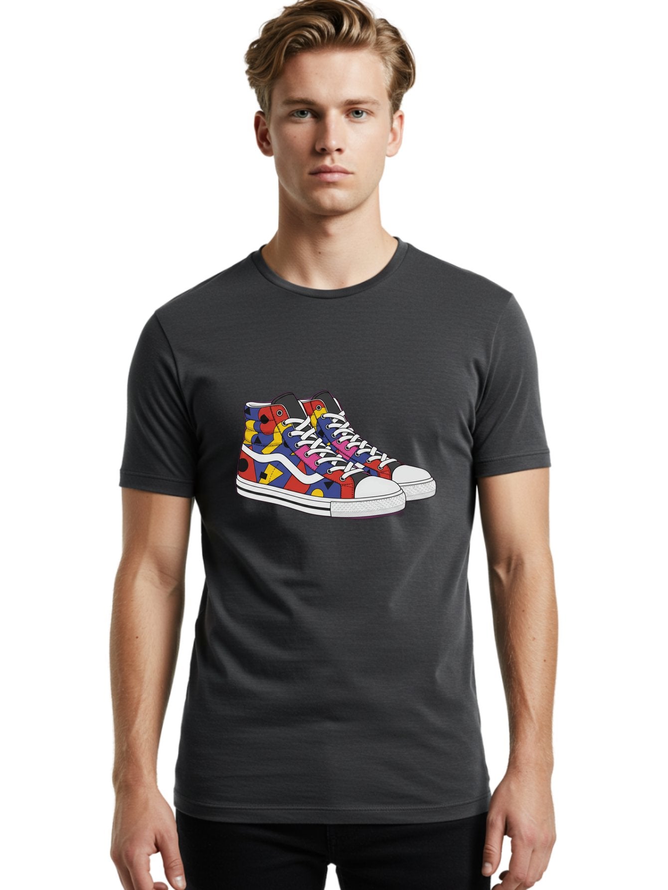 Colorful-Sneakers Men'S Graphic Tee, 100% Cotton, Comfortable Casual Summer Wear, Machine Washable, High-Top Sneakers, Colorful Sneakers, Abstract Shapes, Vibrant Colors, Bold Design, Streetwear Fashion, Trendy Footwear, White Laces, Baa394 27