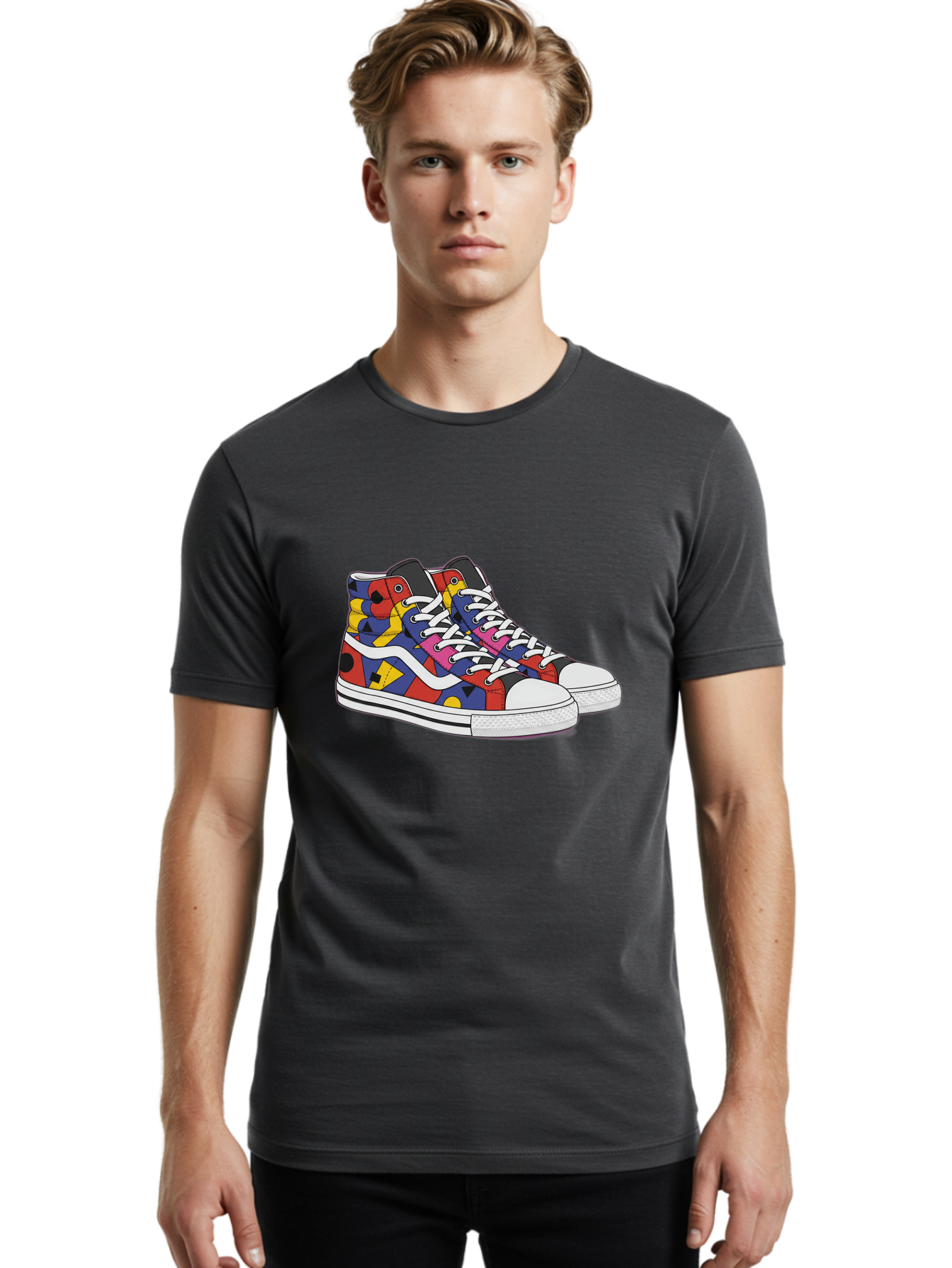 Colorful-Sneakers Men'S Graphic Tee, 100% Cotton, Comfortable Casual Summer Wear, Machine Washable, High-Top Sneakers, Colorful Sneakers, Abstract Shapes, Vibrant Colors, Bold Design, Streetwear Fashion, Trendy Footwear, White Laces, Baa394 8