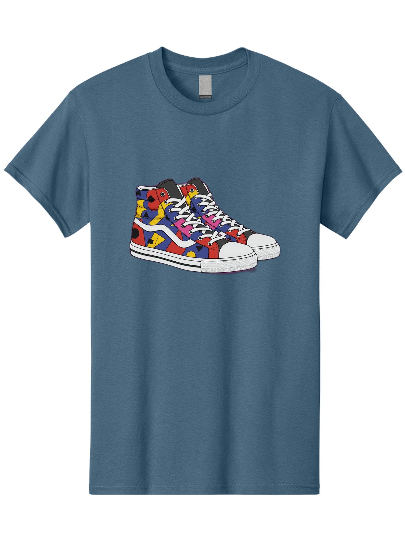 Colorful-Sneakers Men'S Graphic Tee, 100% Cotton, Comfortable Casual Summer Wear, Machine Washable, High-Top Sneakers, Colorful Sneakers, Abstract Shapes, Vibrant Colors, Bold Design, Streetwear Fashion, Trendy Footwear, White Laces, Baa394