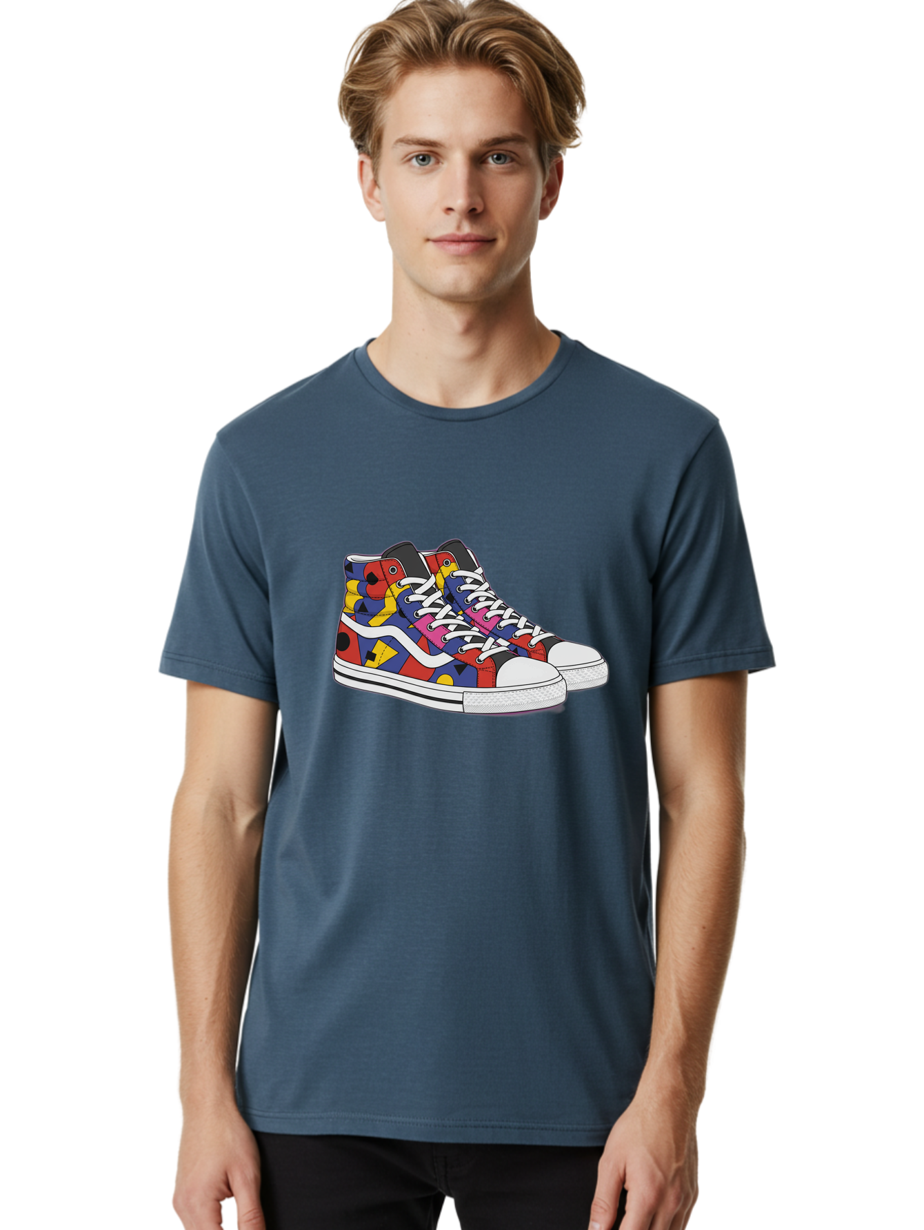 Colorful-Sneakers Men'S Graphic Tee, 100% Cotton, Comfortable Casual Summer Wear, Machine Washable, High-Top Sneakers, Colorful Sneakers, Abstract Shapes, Vibrant Colors, Bold Design, Streetwear Fashion, Trendy Footwear, White Laces, Baa394 20