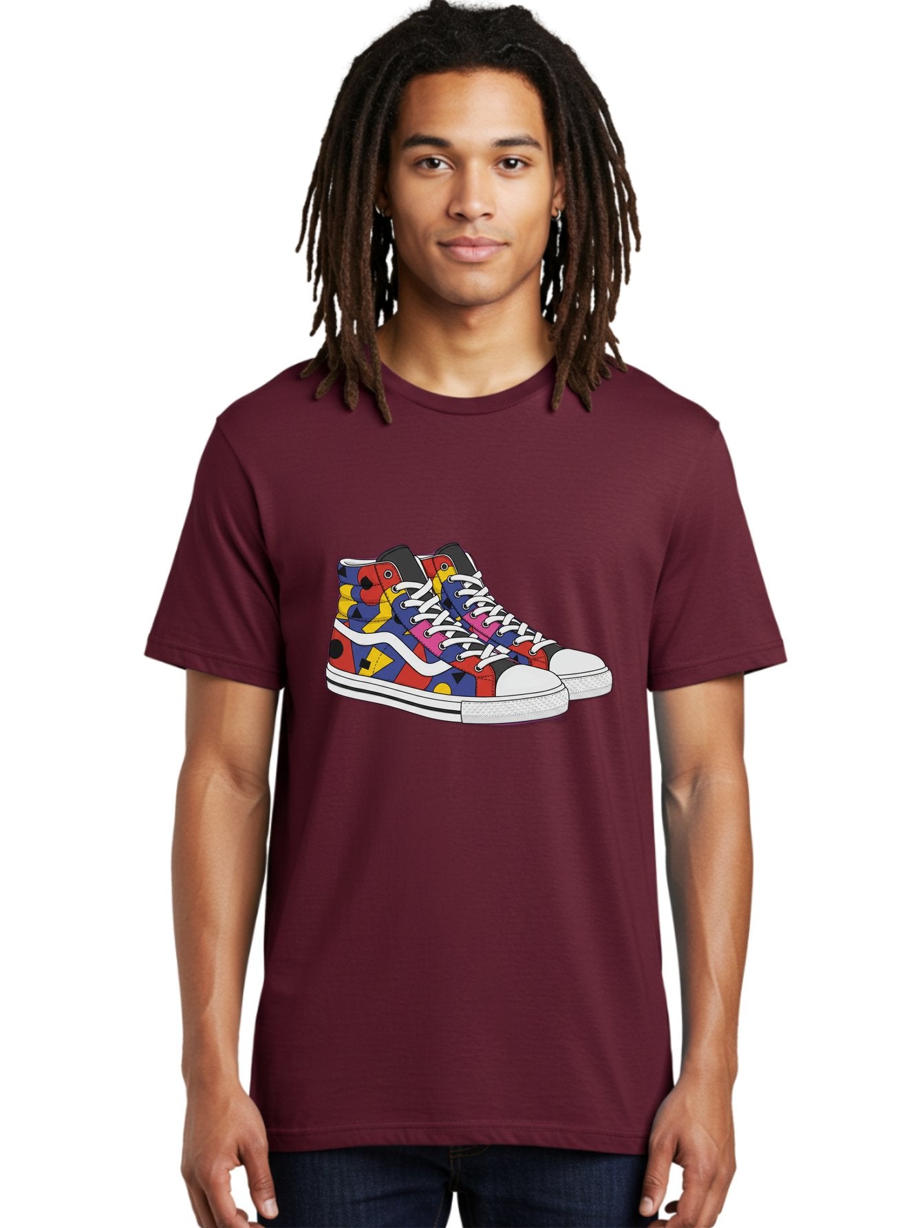 Colorful-Sneakers Men'S Graphic Tee, 100% Cotton, Comfortable Casual Summer Wear, Machine Washable, High-Top Sneakers, Colorful Sneakers, Abstract Shapes, Vibrant Colors, Bold Design, Streetwear Fashion, Trendy Footwear, White Laces, Baa394 25
