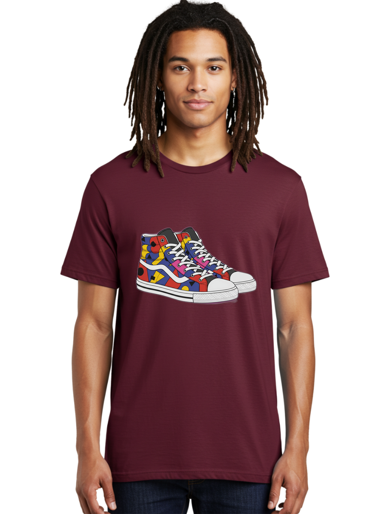Colorful-Sneakers Men'S Graphic Tee, 100% Cotton, Comfortable Casual Summer Wear, Machine Washable, High-Top Sneakers, Colorful Sneakers, Abstract Shapes, Vibrant Colors, Bold Design, Streetwear Fashion, Trendy Footwear, White Laces, Baa394 12