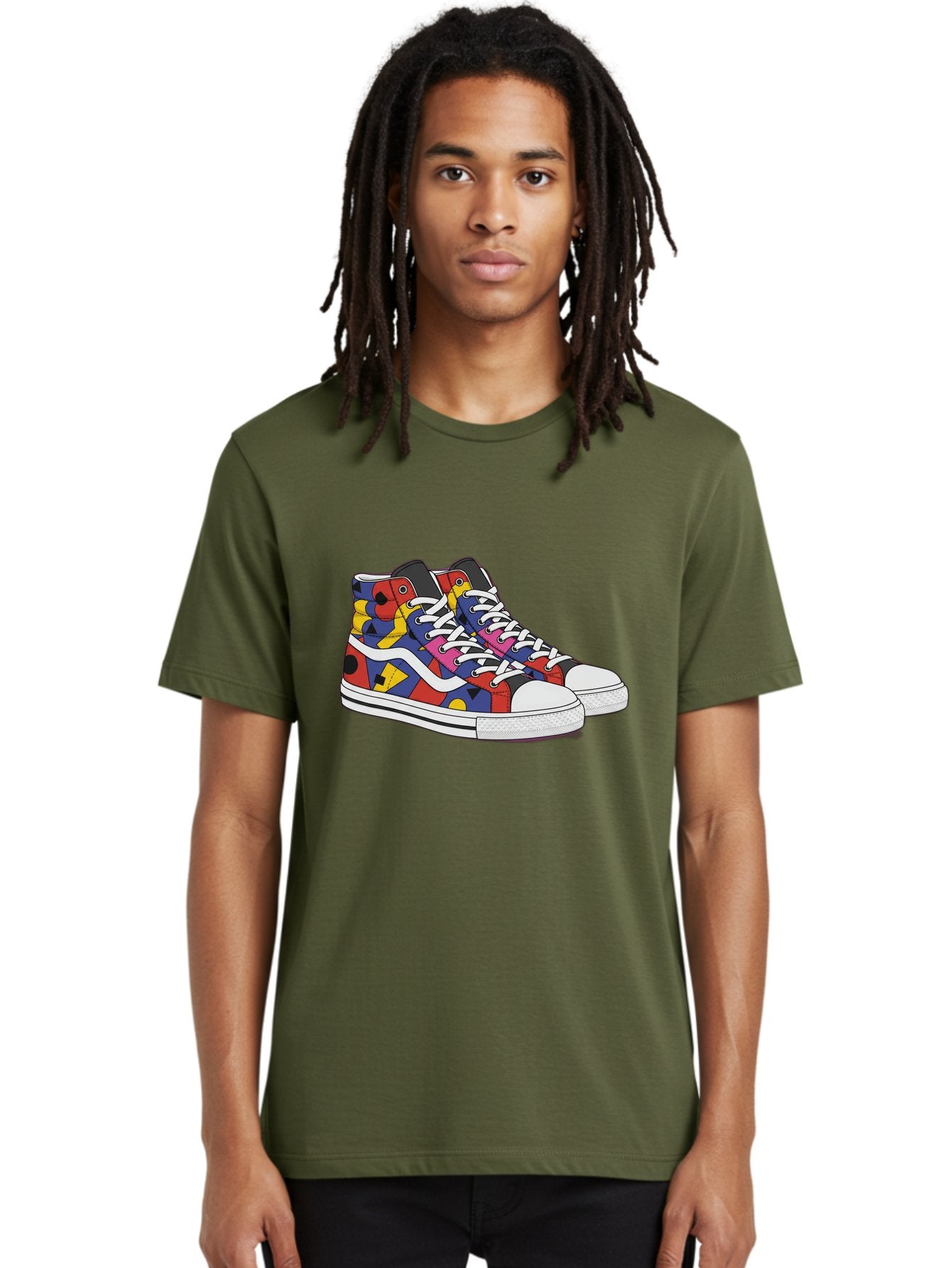 Colorful-Sneakers Men'S Graphic Tee, 100% Cotton, Comfortable Casual Summer Wear, Machine Washable, High-Top Sneakers, Colorful Sneakers, Abstract Shapes, Vibrant Colors, Bold Design, Streetwear Fashion, Trendy Footwear, White Laces, Baa394 29