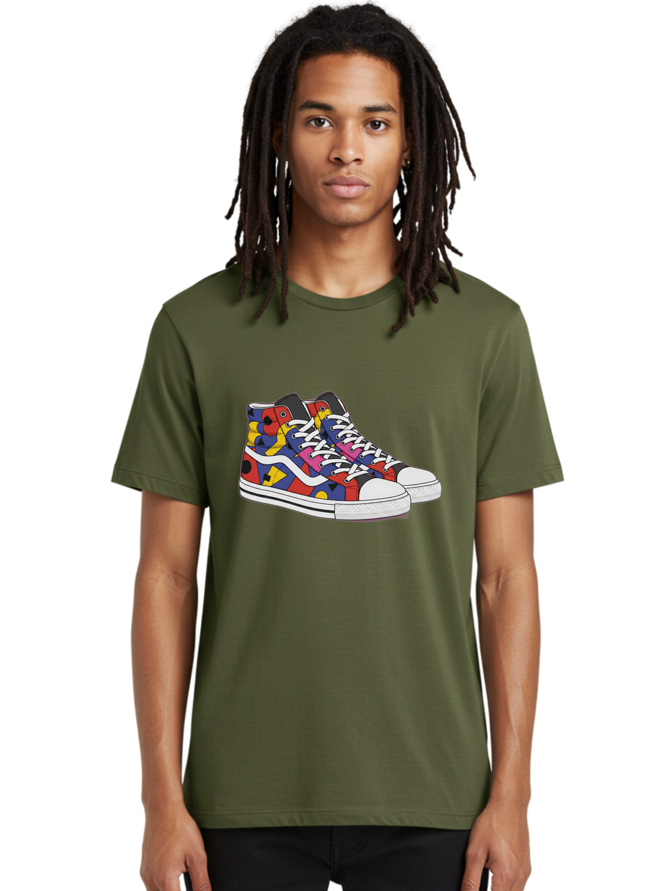 Colorful-Sneakers Men'S Graphic Tee, 100% Cotton, Comfortable Casual Summer Wear, Machine Washable, High-Top Sneakers, Colorful Sneakers, Abstract Shapes, Vibrant Colors, Bold Design, Streetwear Fashion, Trendy Footwear, White Laces, Baa394 4