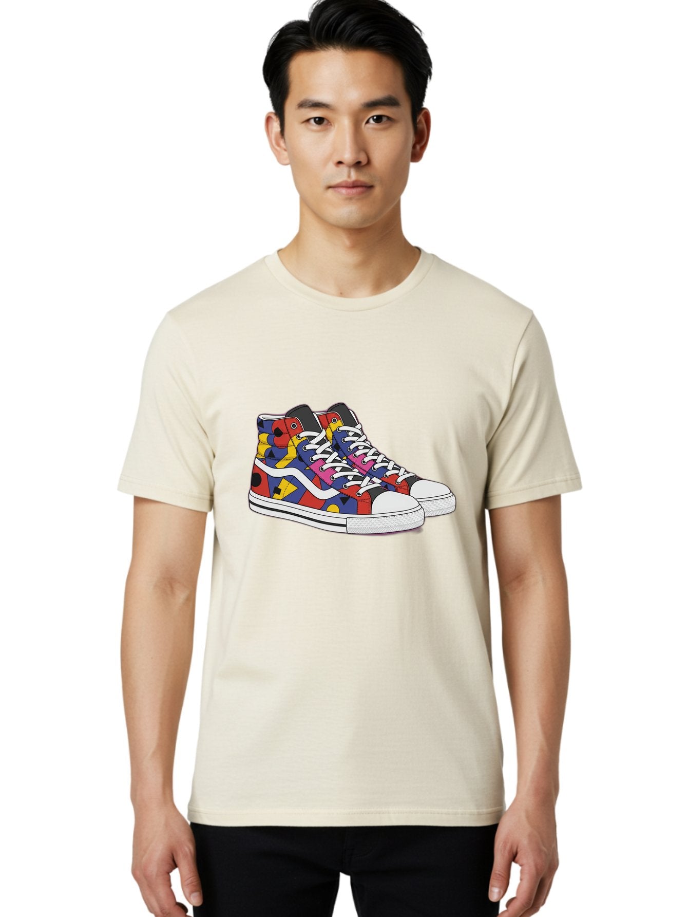 Colorful-Sneakers Men'S Graphic Tee, 100% Cotton, Comfortable Casual Summer Wear, Machine Washable, High-Top Sneakers, Colorful Sneakers, Abstract Shapes, Vibrant Colors, Bold Design, Streetwear Fashion, Trendy Footwear, White Laces, Baa394 17
