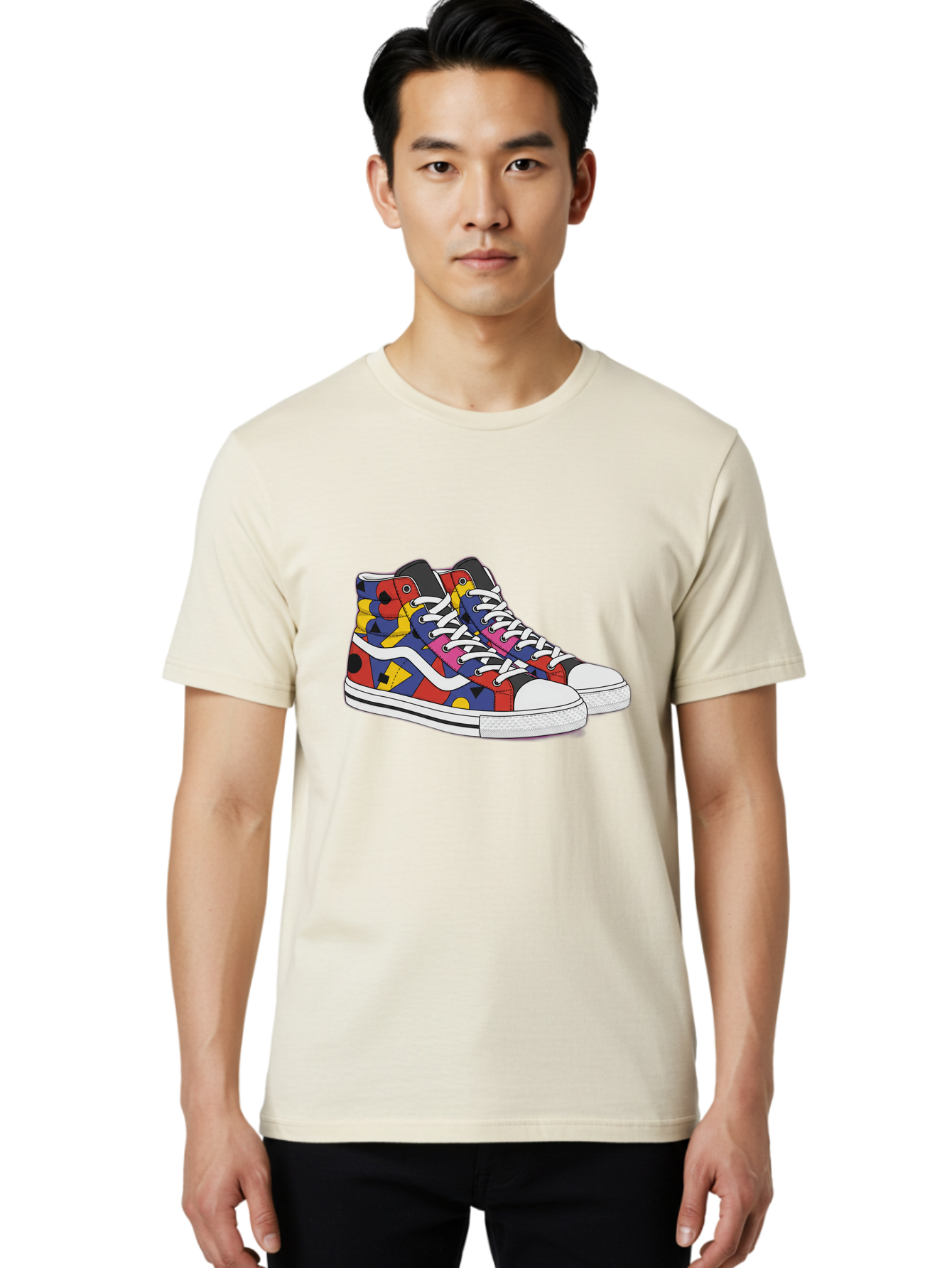 Colorful-Sneakers Men'S Graphic Tee, 100% Cotton, Comfortable Casual Summer Wear, Machine Washable, High-Top Sneakers, Colorful Sneakers, Abstract Shapes, Vibrant Colors, Bold Design, Streetwear Fashion, Trendy Footwear, White Laces, Baa394 28