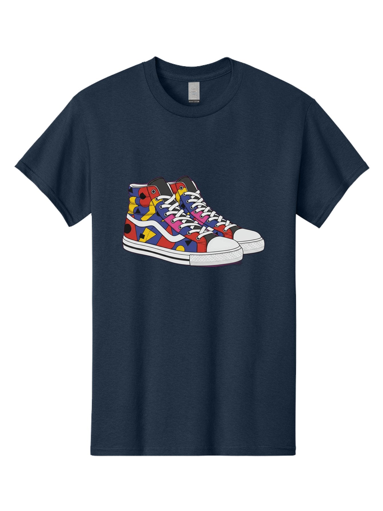 Colorful-Sneakers Men'S Graphic Tee, 100% Cotton, Comfortable Casual Summer Wear, Machine Washable, High-Top Sneakers, Colorful Sneakers, Abstract Shapes, Vibrant Colors, Bold Design, Streetwear Fashion, Trendy Footwear, White Laces, Baa394 5