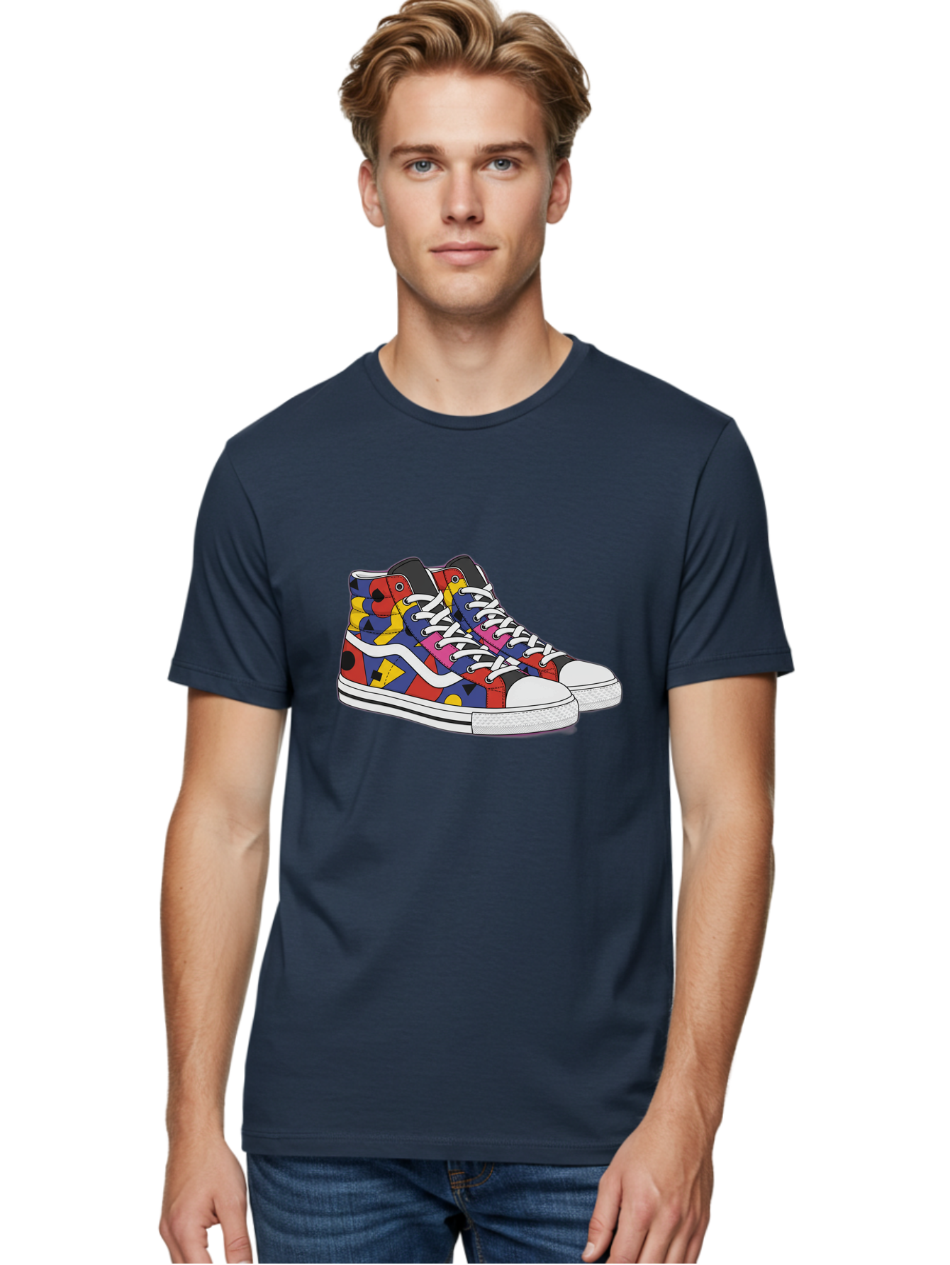 Colorful-Sneakers Men'S Graphic Tee, 100% Cotton, Comfortable Casual Summer Wear, Machine Washable, High-Top Sneakers, Colorful Sneakers, Abstract Shapes, Vibrant Colors, Bold Design, Streetwear Fashion, Trendy Footwear, White Laces, Baa394 16