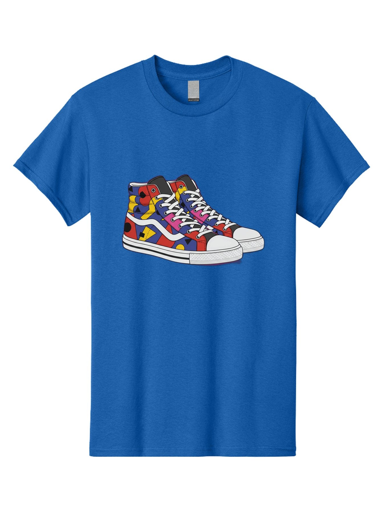 Colorful-Sneakers Men'S Graphic Tee, 100% Cotton, Comfortable Casual Summer Wear, Machine Washable, High-Top Sneakers, Colorful Sneakers, Abstract Shapes, Vibrant Colors, Bold Design, Streetwear Fashion, Trendy Footwear, White Laces, Baa394 6