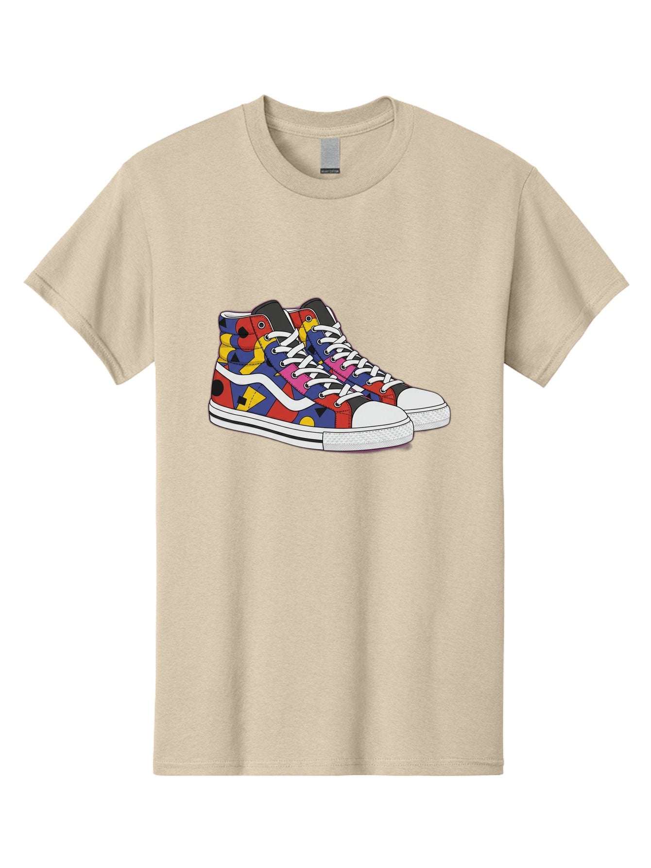 Colorful-Sneakers Men'S Graphic Tee, 100% Cotton, Comfortable Casual Summer Wear, Machine Washable, High-Top Sneakers, Colorful Sneakers, Abstract Shapes, Vibrant Colors, Bold Design, Streetwear Fashion, Trendy Footwear, White Laces, Baa394 9