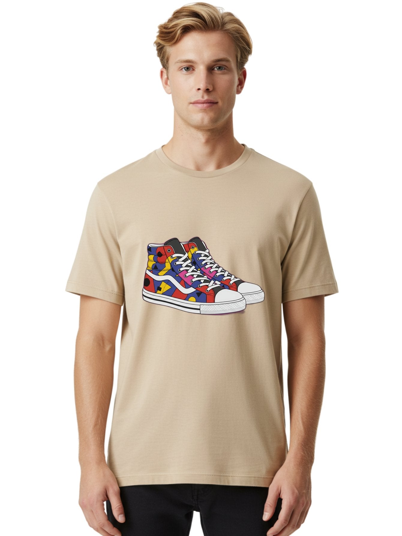 Colorful-Sneakers Men'S Graphic Tee, 100% Cotton, Comfortable Casual Summer Wear, Machine Washable, High-Top Sneakers, Colorful Sneakers, Abstract Shapes, Vibrant Colors, Bold Design, Streetwear Fashion, Trendy Footwear, White Laces, Baa394 26