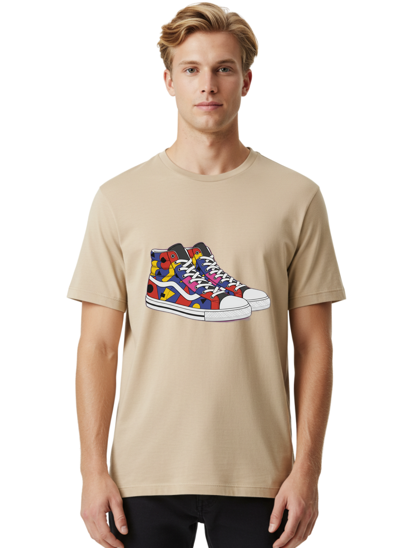 Colorful-Sneakers Men'S Graphic Tee, 100% Cotton, Comfortable Casual Summer Wear, Machine Washable, High-Top Sneakers, Colorful Sneakers, Abstract Shapes, Vibrant Colors, Bold Design, Streetwear Fashion, Trendy Footwear, White Laces, Baa394 10