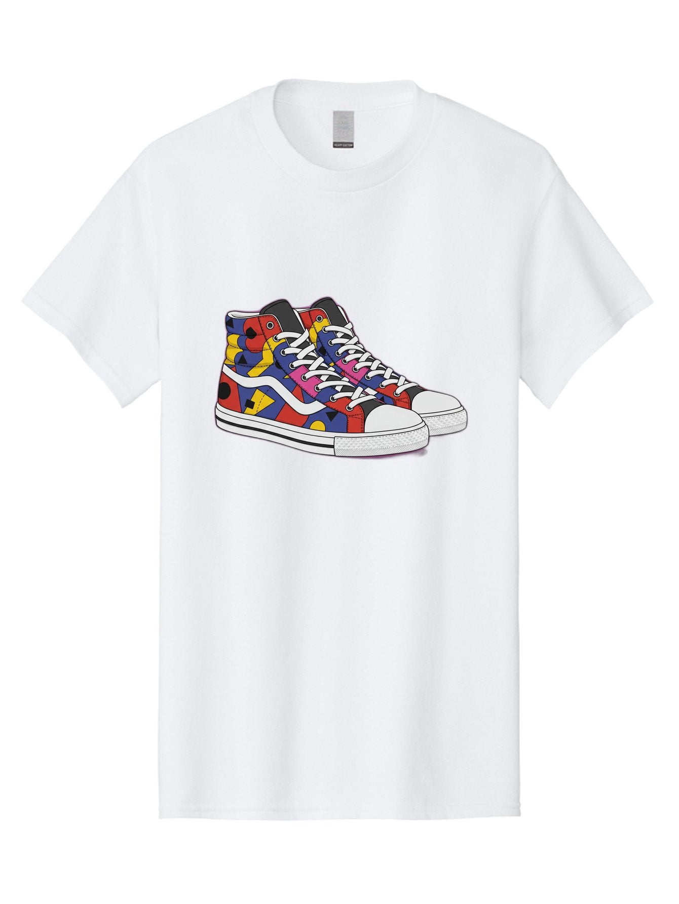 Colorful-Sneakers Men'S Graphic Tee, 100% Cotton, Comfortable Casual Summer Wear, Machine Washable, High-Top Sneakers, Colorful Sneakers, Abstract Shapes, Vibrant Colors, Bold Design, Streetwear Fashion, Trendy Footwear, White Laces, Baa394 4