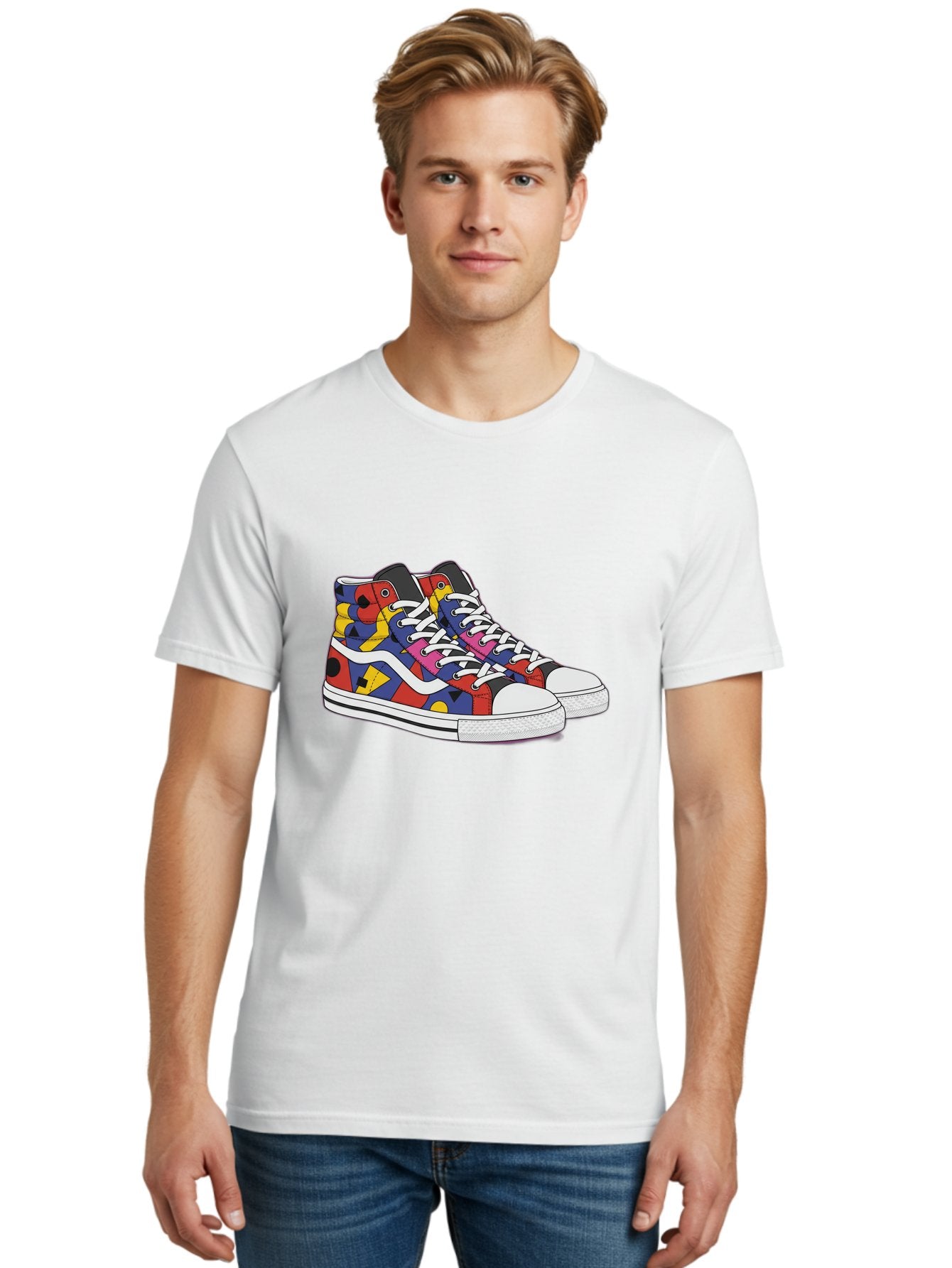 Colorful-Sneakers Men'S Graphic Tee, 100% Cotton, Comfortable Casual Summer Wear, Machine Washable, High-Top Sneakers, Colorful Sneakers, Abstract Shapes, Vibrant Colors, Bold Design, Streetwear Fashion, Trendy Footwear, White Laces, Baa394 18