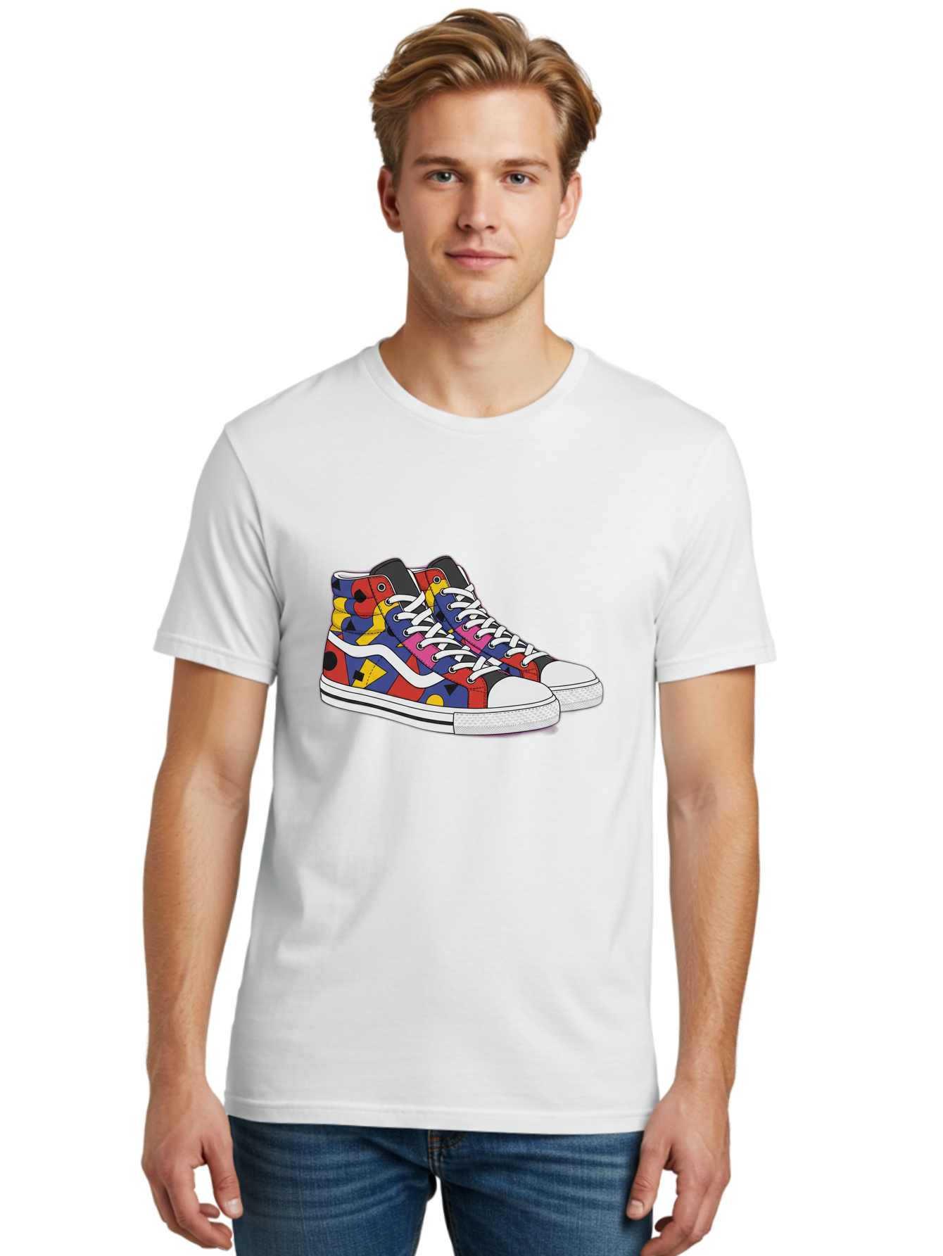 Colorful-Sneakers Men'S Graphic Tee, 100% Cotton, Comfortable Casual Summer Wear, Machine Washable, High-Top Sneakers, Colorful Sneakers, Abstract Shapes, Vibrant Colors, Bold Design, Streetwear Fashion, Trendy Footwear, White Laces, Baa394 24