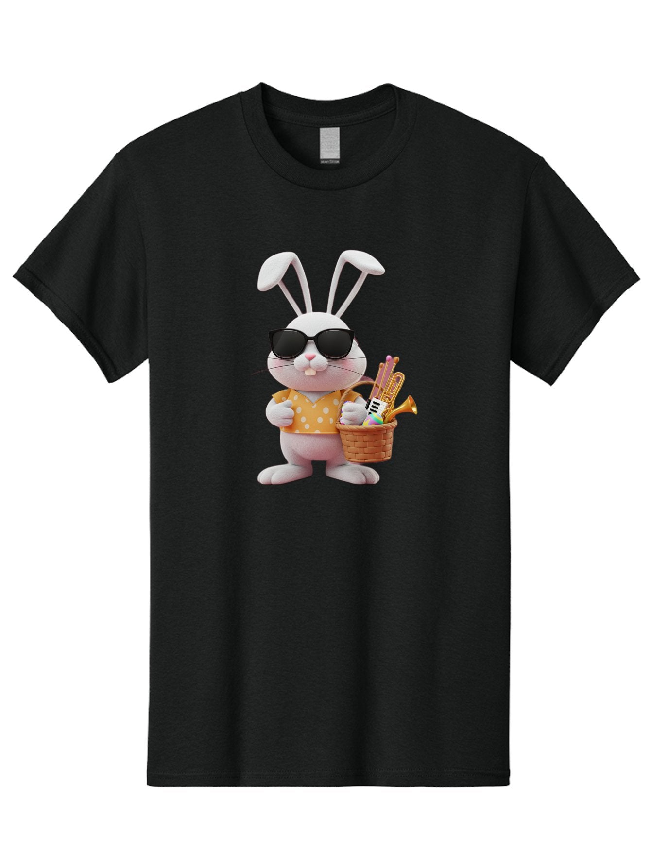Cool-Bunny-Easter Men'S Graphic Tee, 100% Cotton, Comfortable Casual Summer Wear, Machine Washable, Easter Bunny With Sunglasses, Orange Polka Dot Shirt, Wicker Basket, Trumpet, Party Horns, Easter Eggs, Festive Accessories, Cartoon Character, Baa398