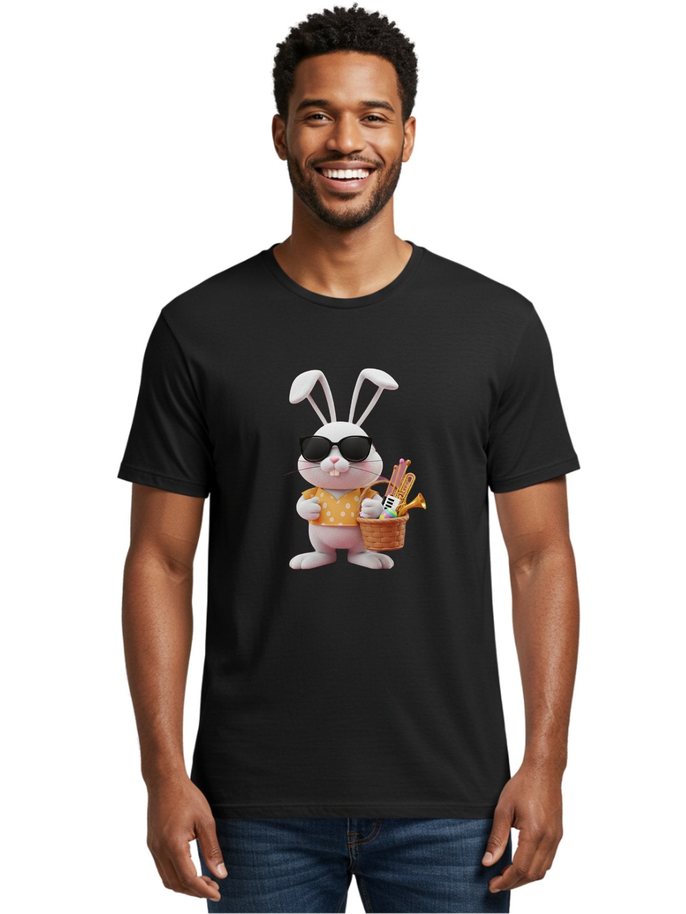 Cool-Bunny-Easter Men'S Graphic Tee, 100% Cotton, Comfortable Casual Summer Wear, Machine Washable, Easter Bunny With Sunglasses, Orange Polka Dot Shirt, Wicker Basket, Trumpet, Party Horns, Easter Eggs, Festive Accessories, Cartoon Character, Baa398 21