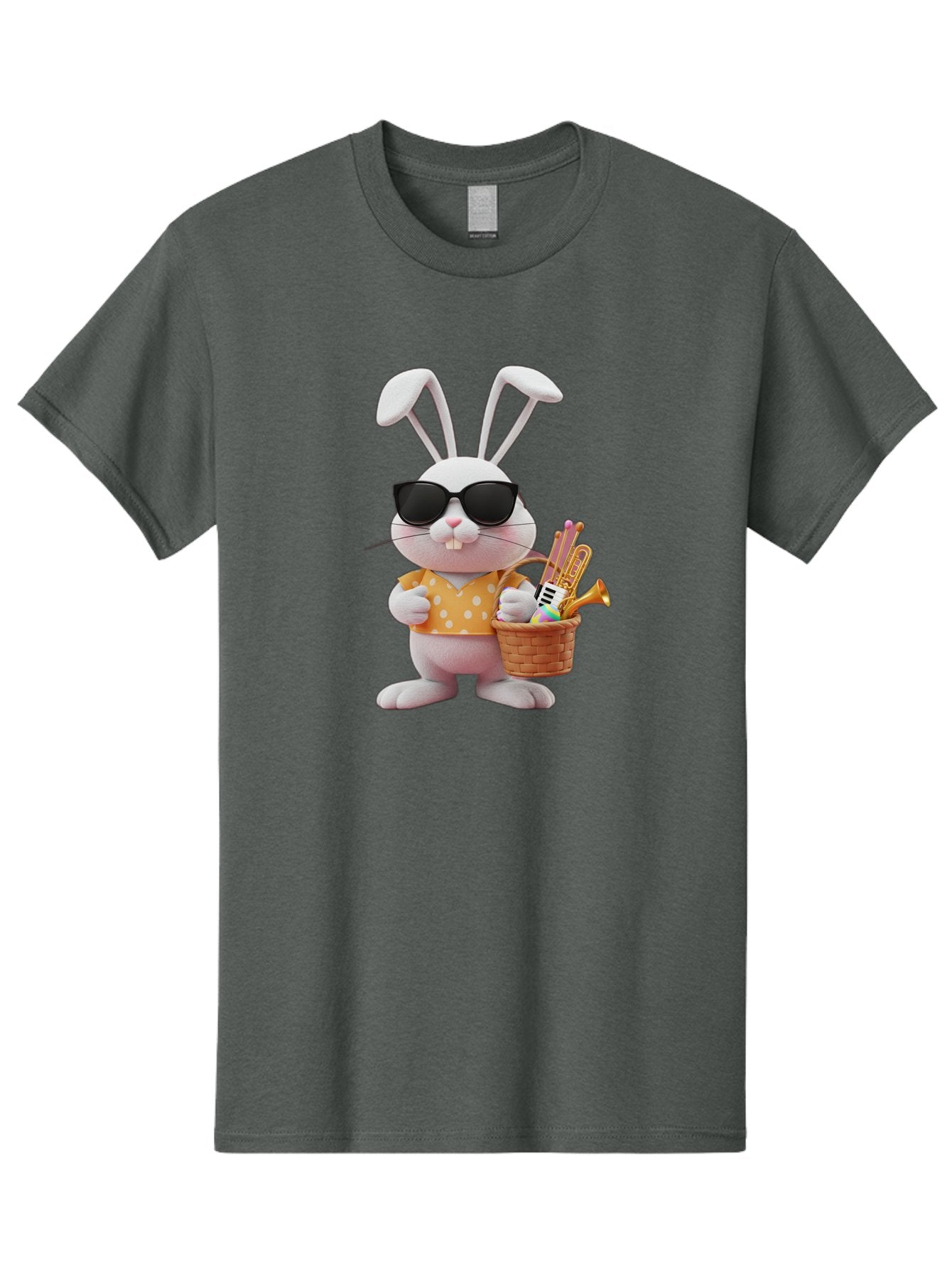 Cool-Bunny-Easter Men'S Graphic Tee, 100% Cotton, Comfortable Casual Summer Wear, Machine Washable, Easter Bunny With Sunglasses, Orange Polka Dot Shirt, Wicker Basket, Trumpet, Party Horns, Easter Eggs, Festive Accessories, Cartoon Character, Baa398 7