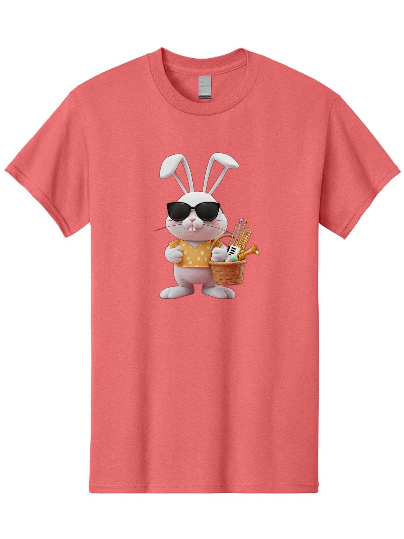 Cool-Bunny-Easter Men'S Graphic Tee, 100% Cotton, Comfortable Casual Summer Wear, Machine Washable, Easter Bunny With Sunglasses, Orange Polka Dot Shirt, Wicker Basket, Trumpet, Party Horns, Easter Eggs, Festive Accessories, Cartoon Character, Baa398 13