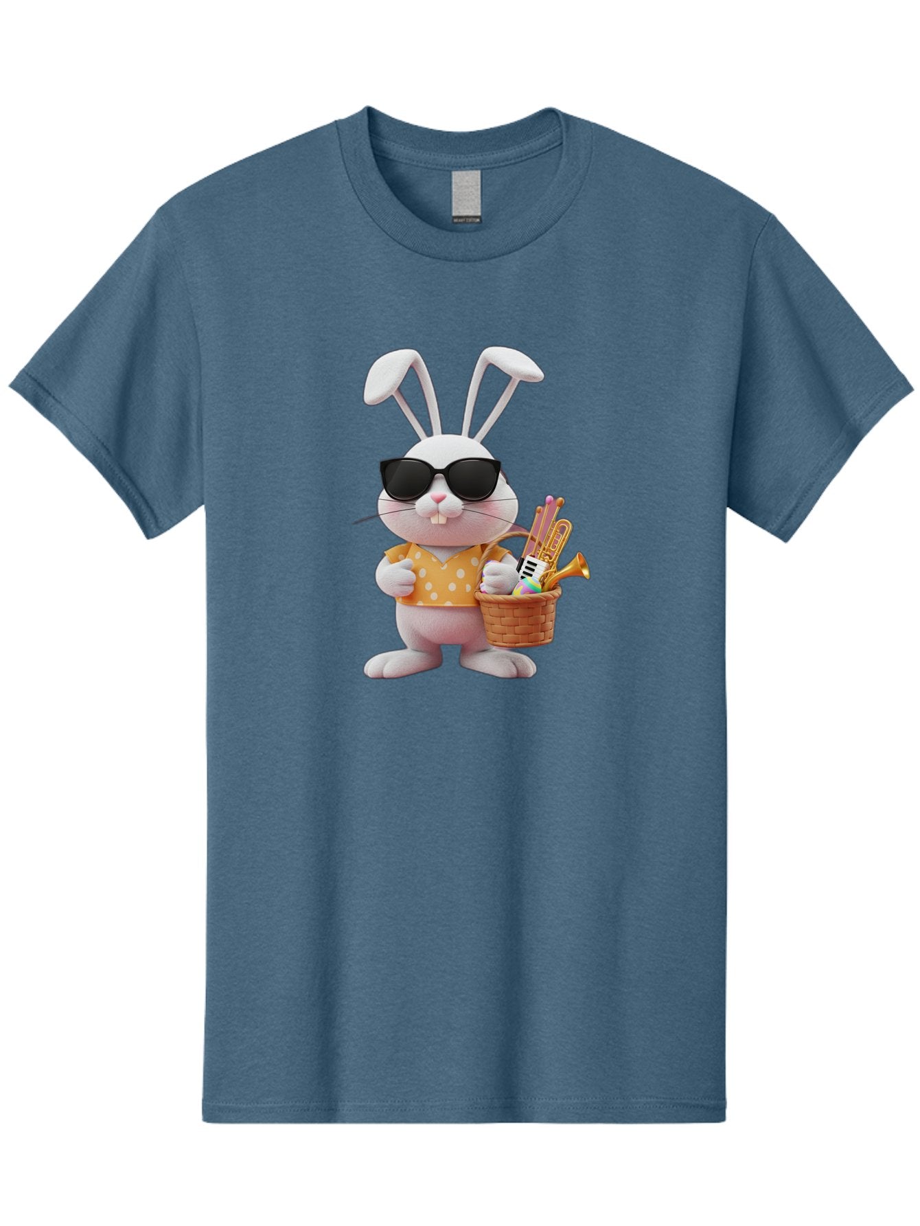 Cool-Bunny-Easter Men'S Graphic Tee, 100% Cotton, Comfortable Casual Summer Wear, Machine Washable, Easter Bunny With Sunglasses, Orange Polka Dot Shirt, Wicker Basket, Trumpet, Party Horns, Easter Eggs, Festive Accessories, Cartoon Character, Baa398 11