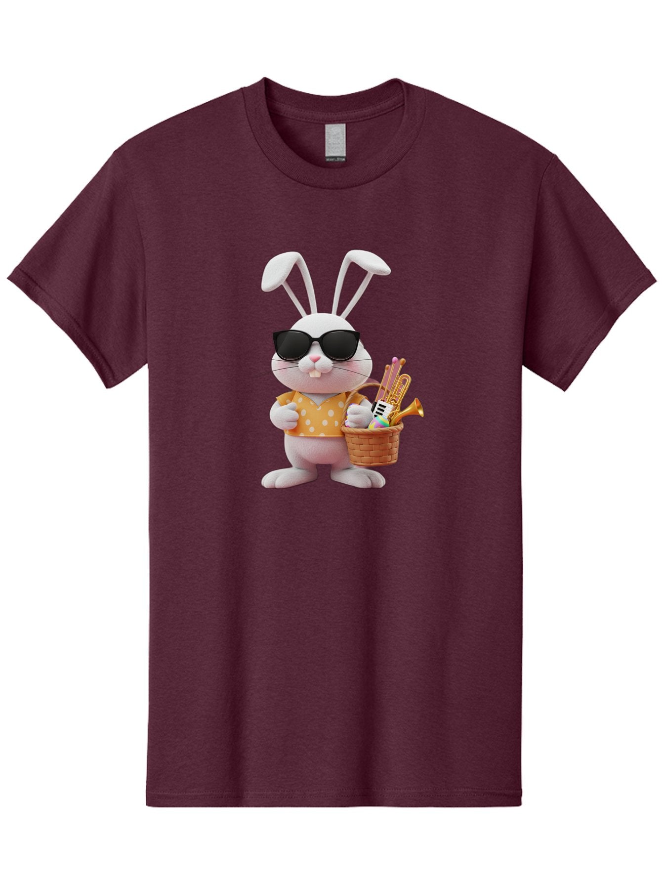 Cool-Bunny-Easter Men'S Graphic Tee, 100% Cotton, Comfortable Casual Summer Wear, Machine Washable, Easter Bunny With Sunglasses, Orange Polka Dot Shirt, Wicker Basket, Trumpet, Party Horns, Easter Eggs, Festive Accessories, Cartoon Character, Baa398 9