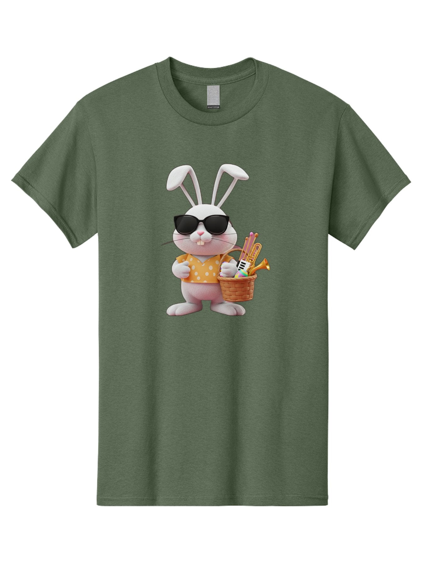 Cool-Bunny-Easter Men'S Graphic Tee, 100% Cotton, Comfortable Casual Summer Wear, Machine Washable, Easter Bunny With Sunglasses, Orange Polka Dot Shirt, Wicker Basket, Trumpet, Party Horns, Easter Eggs, Festive Accessories, Cartoon Character, Baa398