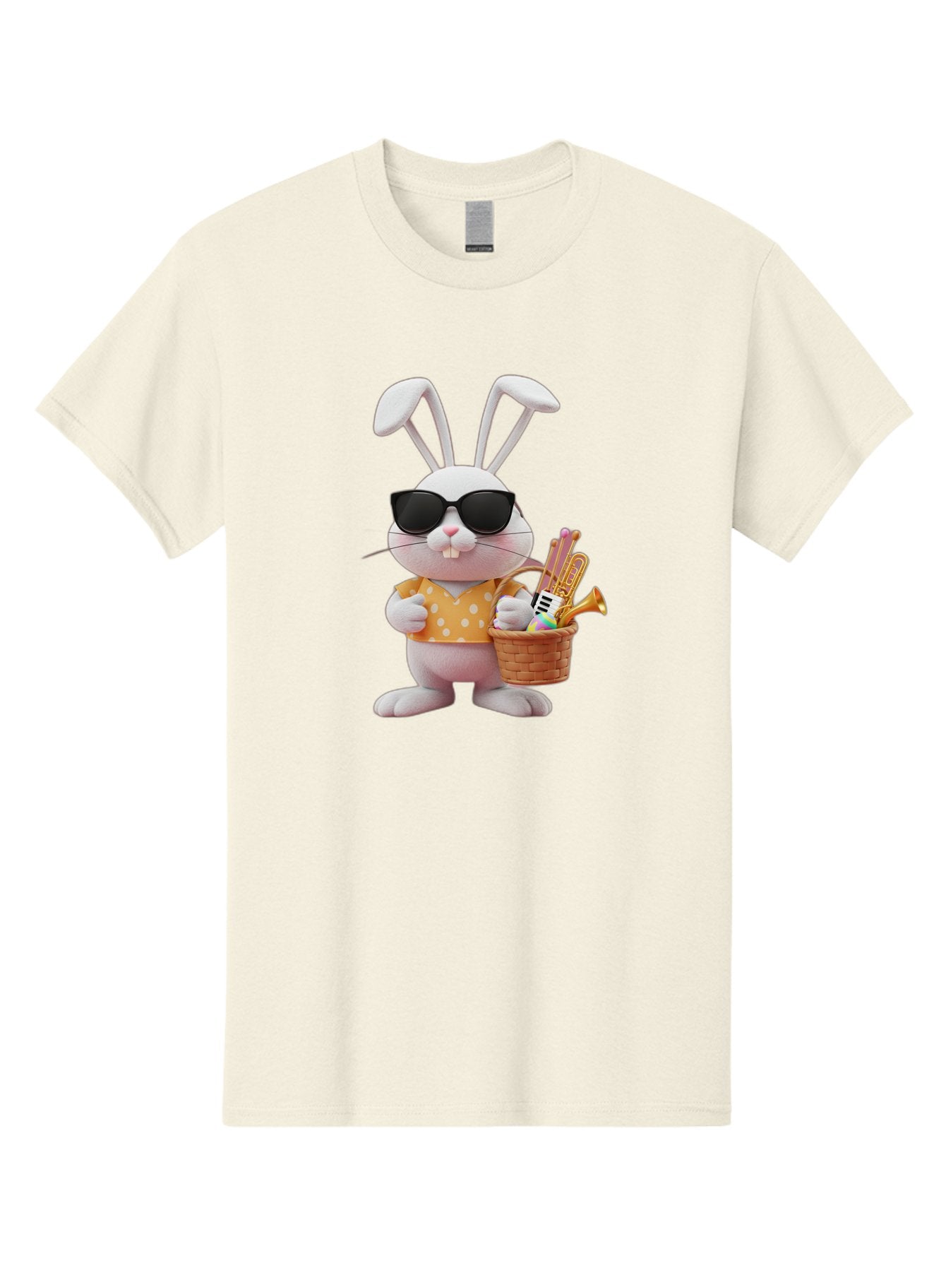 Cool-Bunny-Easter Men'S Graphic Tee, 100% Cotton, Comfortable Casual Summer Wear, Machine Washable, Easter Bunny With Sunglasses, Orange Polka Dot Shirt, Wicker Basket, Trumpet, Party Horns, Easter Eggs, Festive Accessories, Cartoon Character, Baa398 10