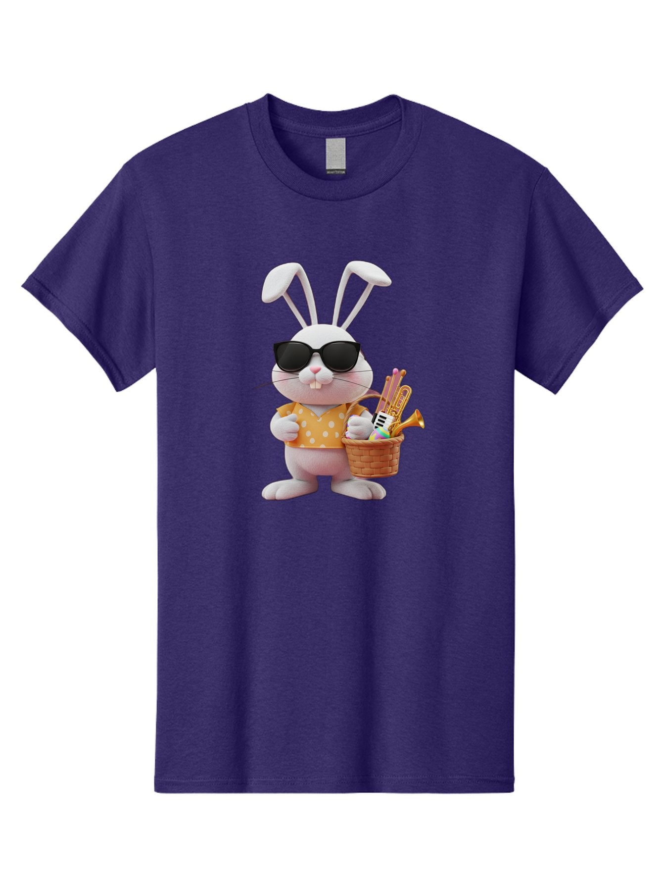 Cool-Bunny-Easter Men'S Graphic Tee, 100% Cotton, Comfortable Casual Summer Wear, Machine Washable, Easter Bunny With Sunglasses, Orange Polka Dot Shirt, Wicker Basket, Trumpet, Party Horns, Easter Eggs, Festive Accessories, Cartoon Character, Baa398 8