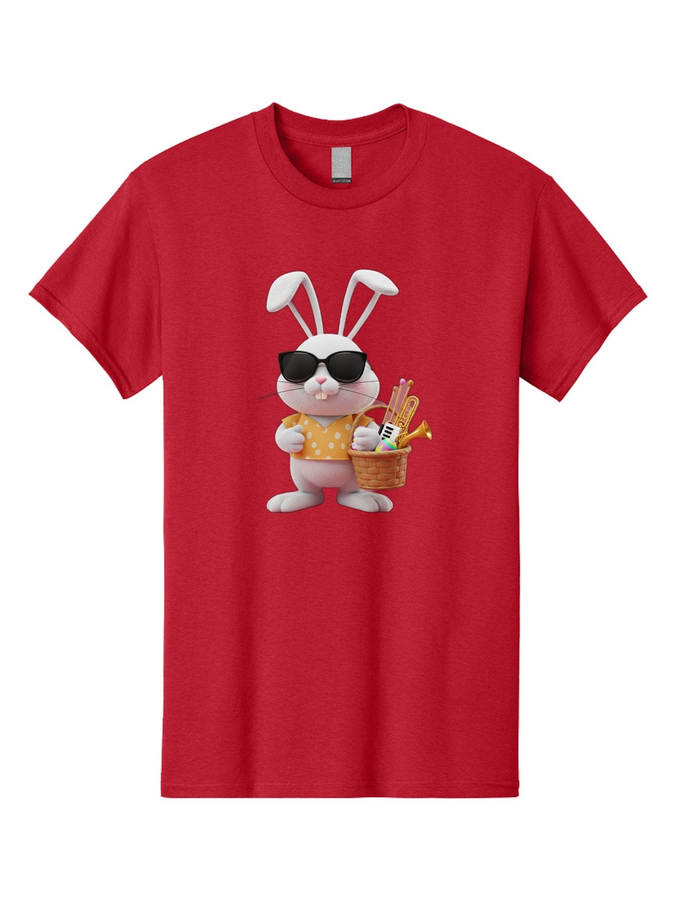 Cool-Bunny-Easter Men'S Graphic Tee, 100% Cotton, Comfortable Casual Summer Wear, Machine Washable, Easter Bunny With Sunglasses, Orange Polka Dot Shirt, Wicker Basket, Trumpet, Party Horns, Easter Eggs, Festive Accessories, Cartoon Character, Baa398 5