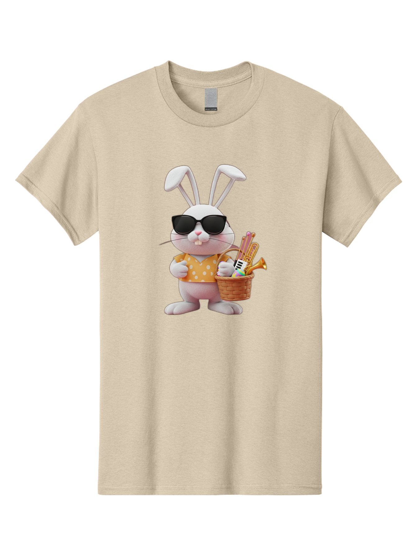Cool-Bunny-Easter Men'S Graphic Tee, 100% Cotton, Comfortable Casual Summer Wear, Machine Washable, Easter Bunny With Sunglasses, Orange Polka Dot Shirt, Wicker Basket, Trumpet, Party Horns, Easter Eggs, Festive Accessories, Cartoon Character, Baa398 12