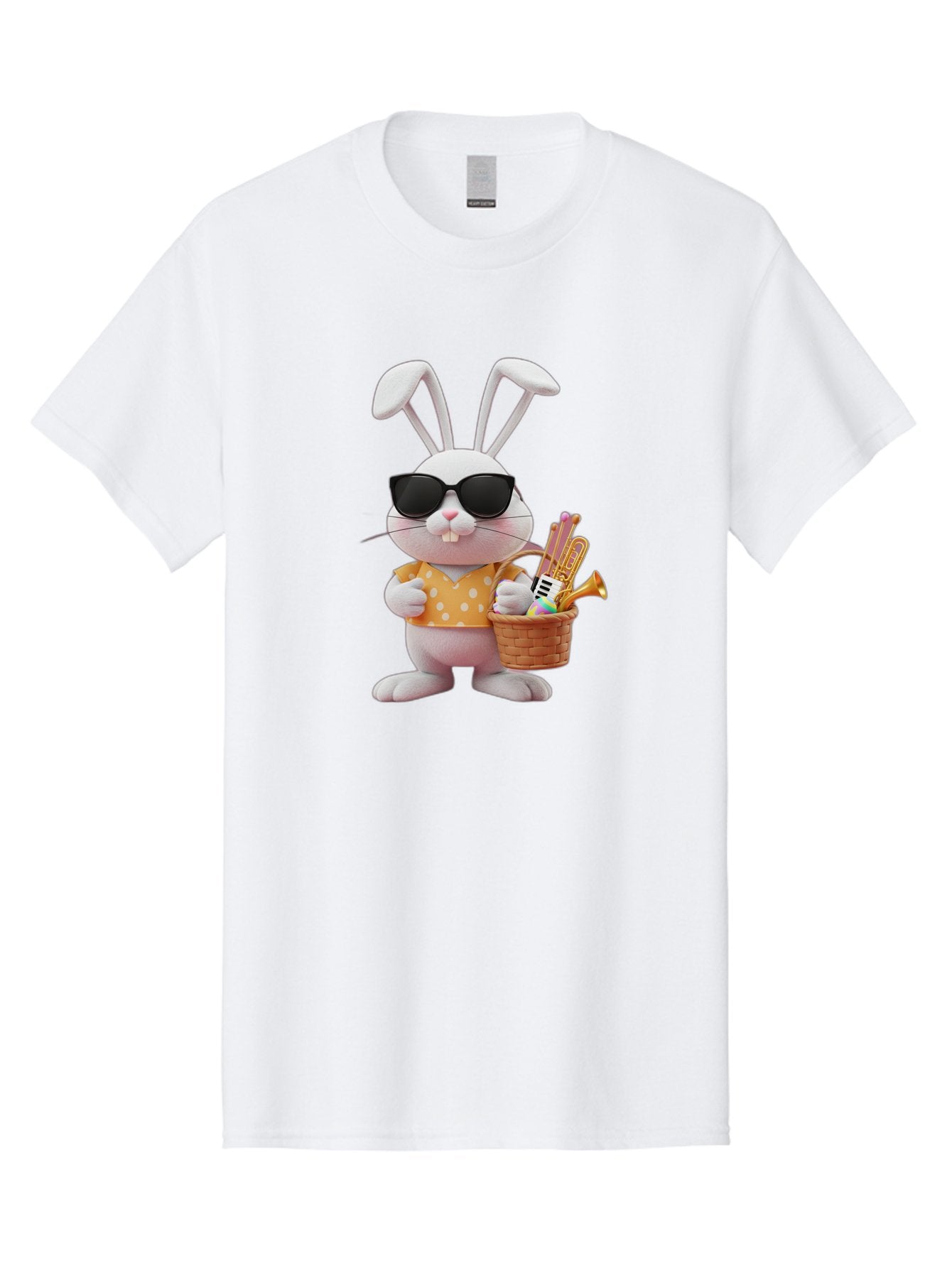 Cool-Bunny-Easter Men'S Graphic Tee, 100% Cotton, Comfortable Casual Summer Wear, Machine Washable, Easter Bunny With Sunglasses, Orange Polka Dot Shirt, Wicker Basket, Trumpet, Party Horns, Easter Eggs, Festive Accessories, Cartoon Character, Baa398 3