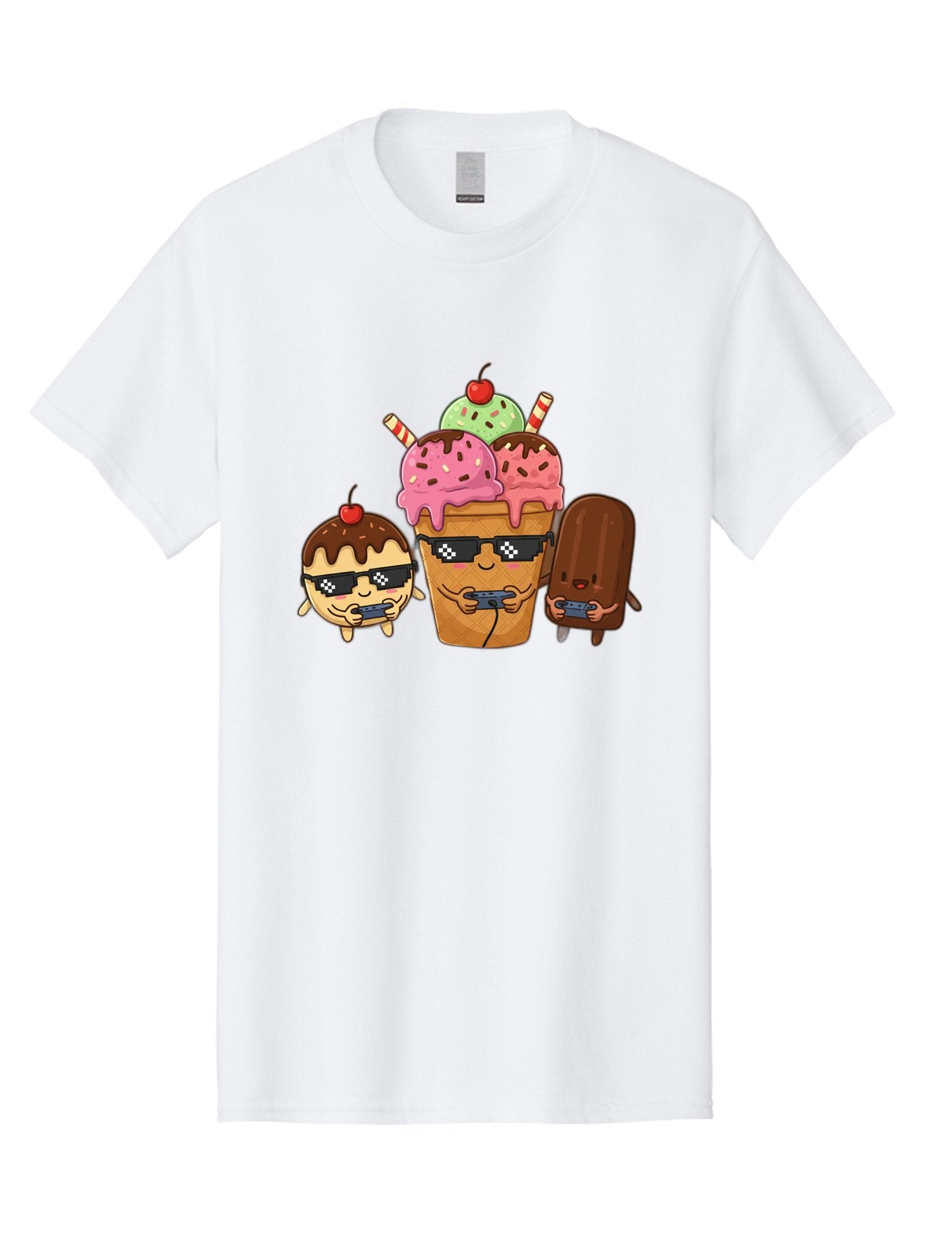 Cool-Ice-Cream-1 Men'S Graphic Tee, 100% Cotton, Comfortable Casual Summer Wear, Machine Washable, Cute Ice Cream Characters, Ice Cream Cone, Chocolate Chip Cookie Dough Ice Cream, Strawberry Ice Cream, Mint Chocolate Chip Ice Cream, Baa399