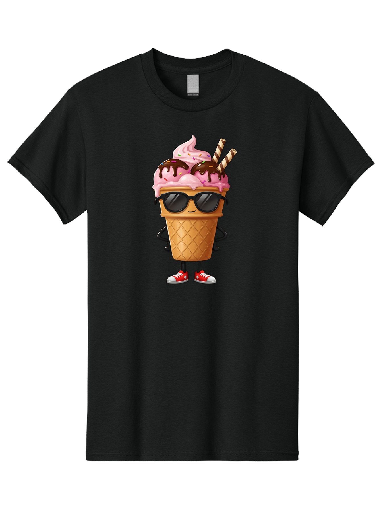 Cool-Ice-Cream-2 Men'S Graphic Tee, 100% Cotton, Comfortable Casual Summer Wear, Machine Washable, Ice Cream Cone Character, Pink Ice Cream, Chocolate Sauce, Striped Straws, Sunglasses, Red Sneakers, Cartoon Character, Sweet Treat, Baa400 11
