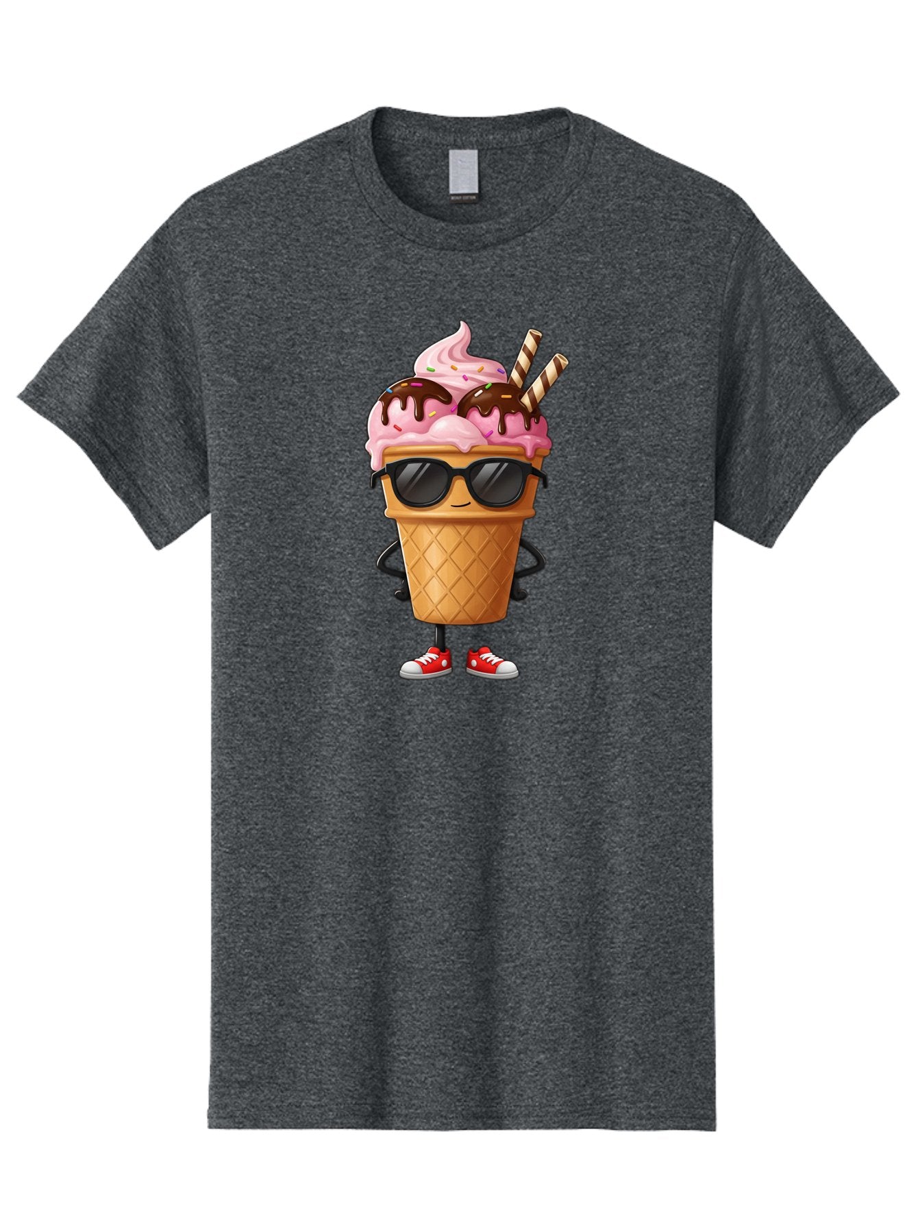Cool-Ice-Cream-2 Men'S Graphic Tee, 100% Cotton, Comfortable Casual Summer Wear, Machine Washable, Ice Cream Cone Character, Pink Ice Cream, Chocolate Sauce, Striped Straws, Sunglasses, Red Sneakers, Cartoon Character, Sweet Treat, Baa400 12
