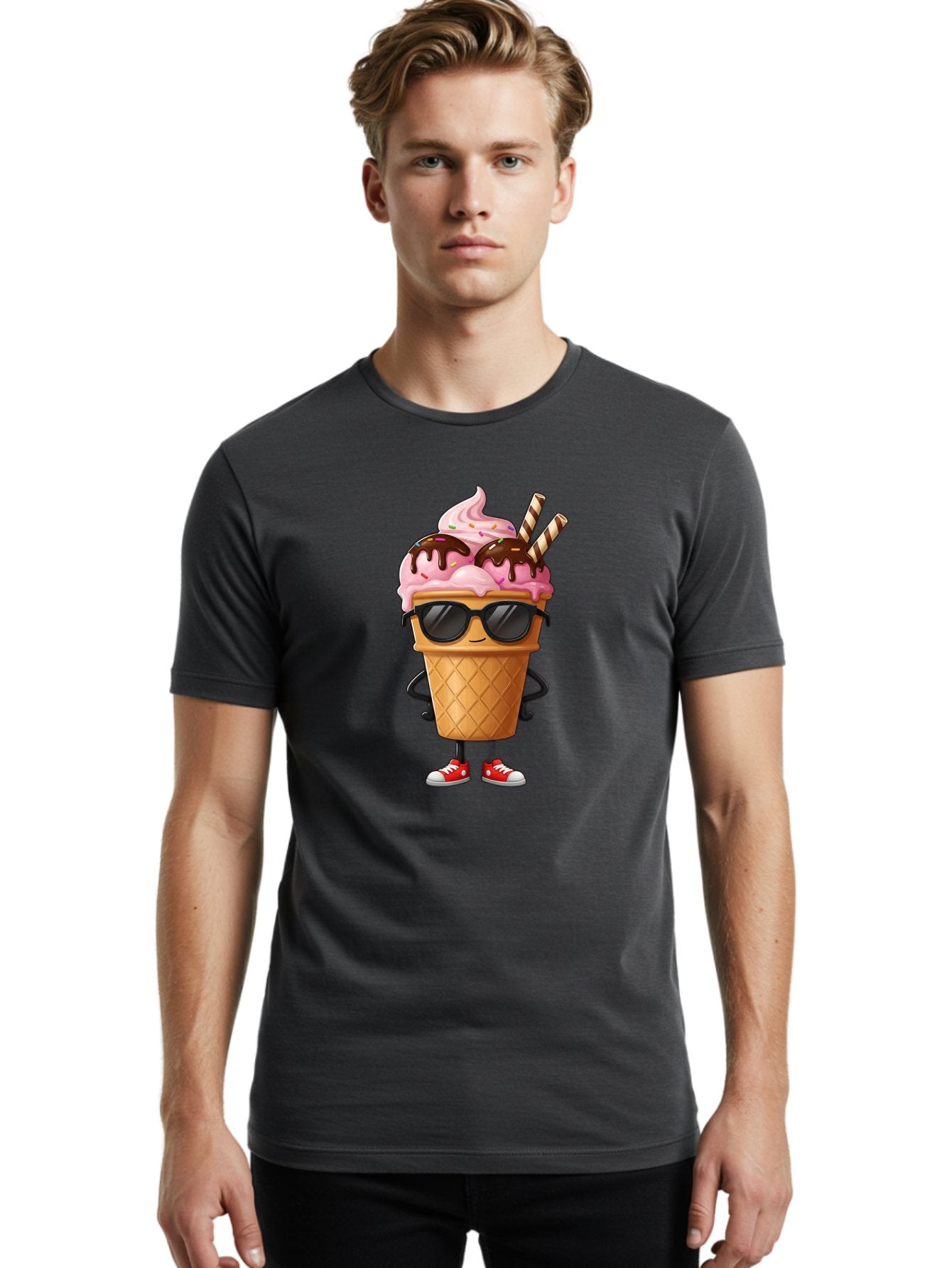 Cool-Ice-Cream-2 Men'S Graphic Tee, 100% Cotton, Comfortable Casual Summer Wear, Machine Washable, Ice Cream Cone Character, Pink Ice Cream, Chocolate Sauce, Striped Straws, Sunglasses, Red Sneakers, Cartoon Character, Sweet Treat, Baa400 28