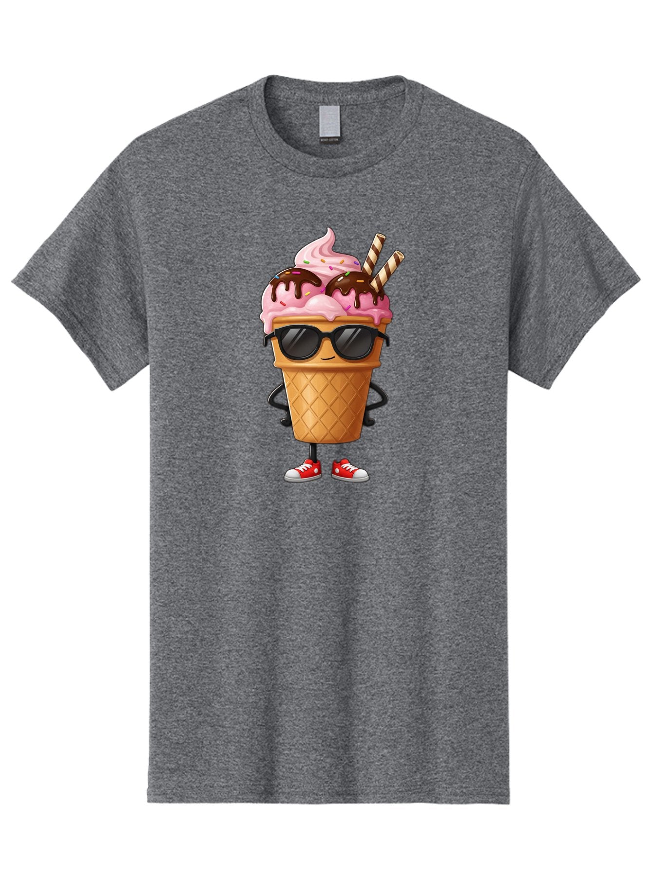 Cool-Ice-Cream-2 Men'S Graphic Tee, 100% Cotton, Comfortable Casual Summer Wear, Machine Washable, Ice Cream Cone Character, Pink Ice Cream, Chocolate Sauce, Striped Straws, Sunglasses, Red Sneakers, Cartoon Character, Sweet Treat, Baa400 6