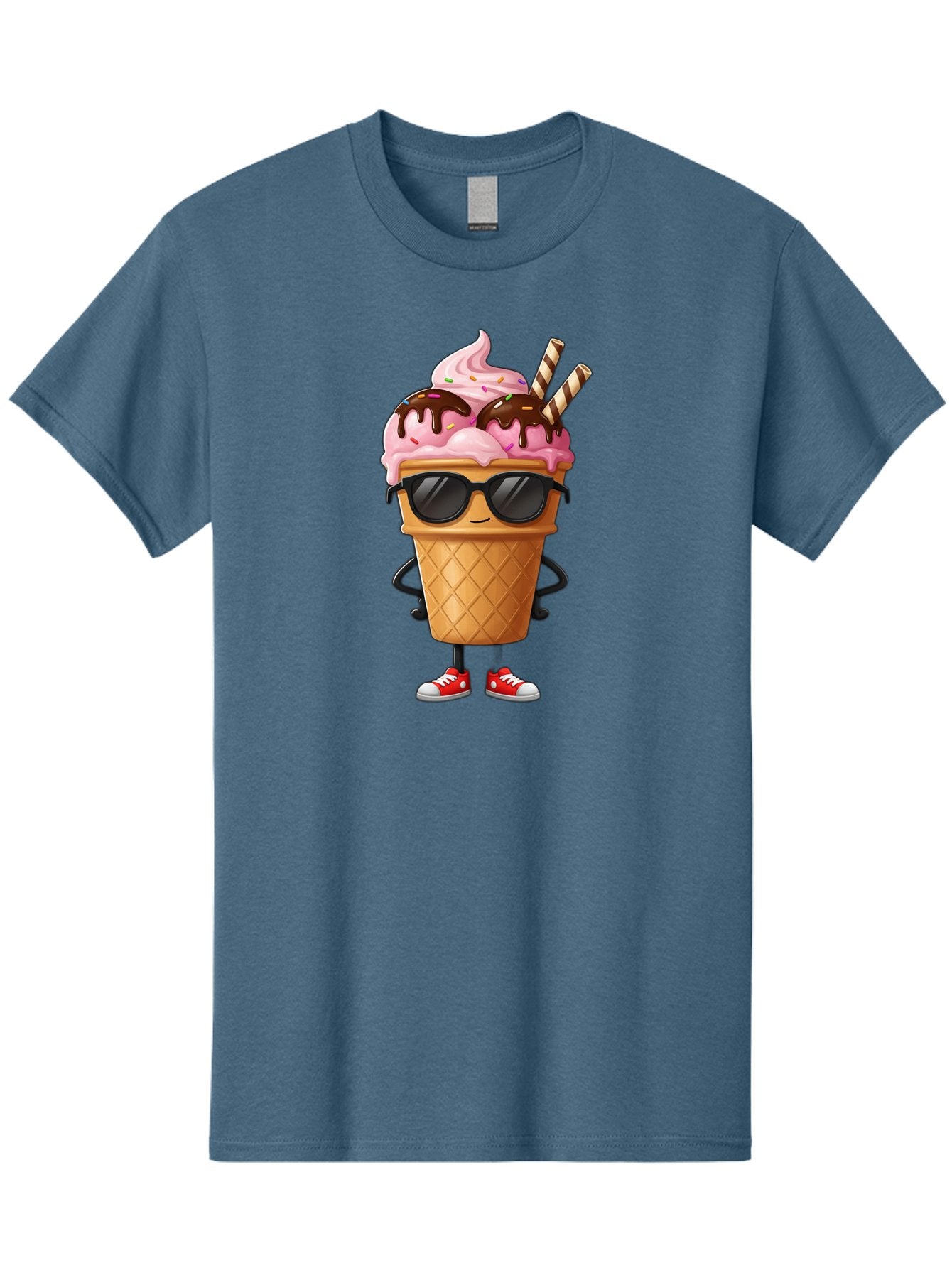 Cool-Ice-Cream-2 Men'S Graphic Tee, 100% Cotton, Comfortable Casual Summer Wear, Machine Washable, Ice Cream Cone Character, Pink Ice Cream, Chocolate Sauce, Striped Straws, Sunglasses, Red Sneakers, Cartoon Character, Sweet Treat, Baa400 13