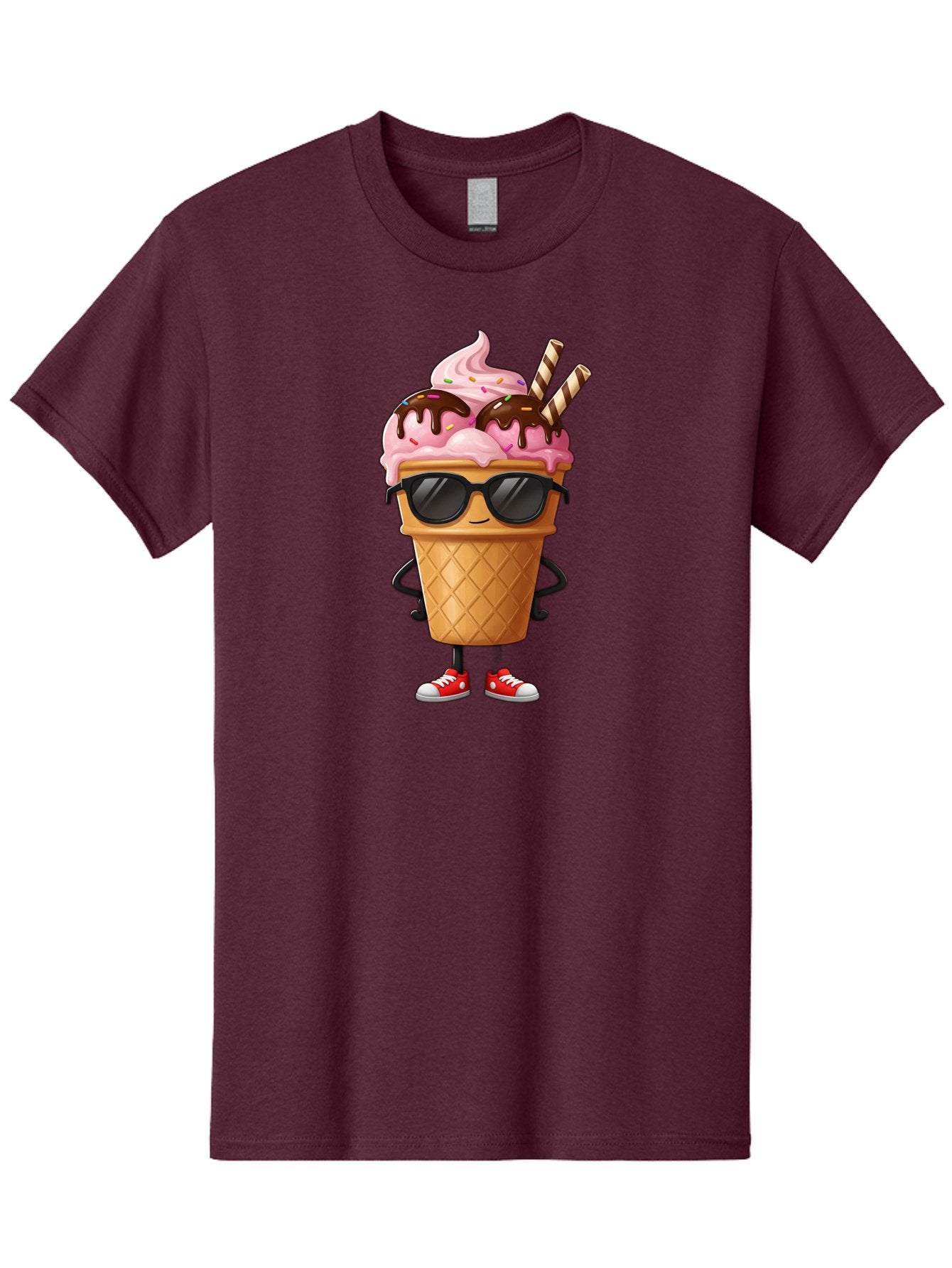 Cool-Ice-Cream-2 Men'S Graphic Tee, 100% Cotton, Comfortable Casual Summer Wear, Machine Washable, Ice Cream Cone Character, Pink Ice Cream, Chocolate Sauce, Striped Straws, Sunglasses, Red Sneakers, Cartoon Character, Sweet Treat, Baa400 14