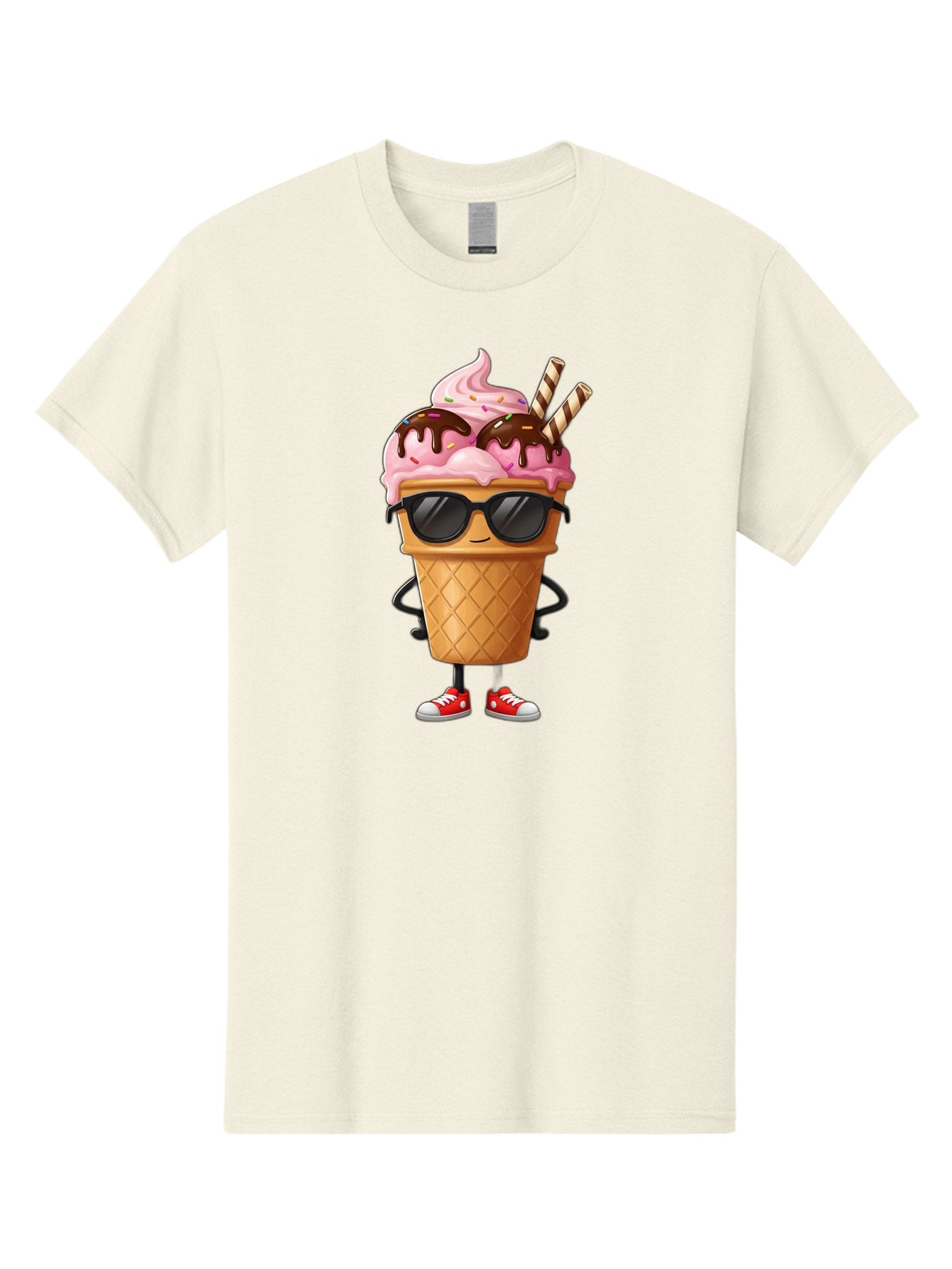 Cool-Ice-Cream-2 Men'S Graphic Tee, 100% Cotton, Comfortable Casual Summer Wear, Machine Washable, Ice Cream Cone Character, Pink Ice Cream, Chocolate Sauce, Striped Straws, Sunglasses, Red Sneakers, Cartoon Character, Sweet Treat, Baa400 4
