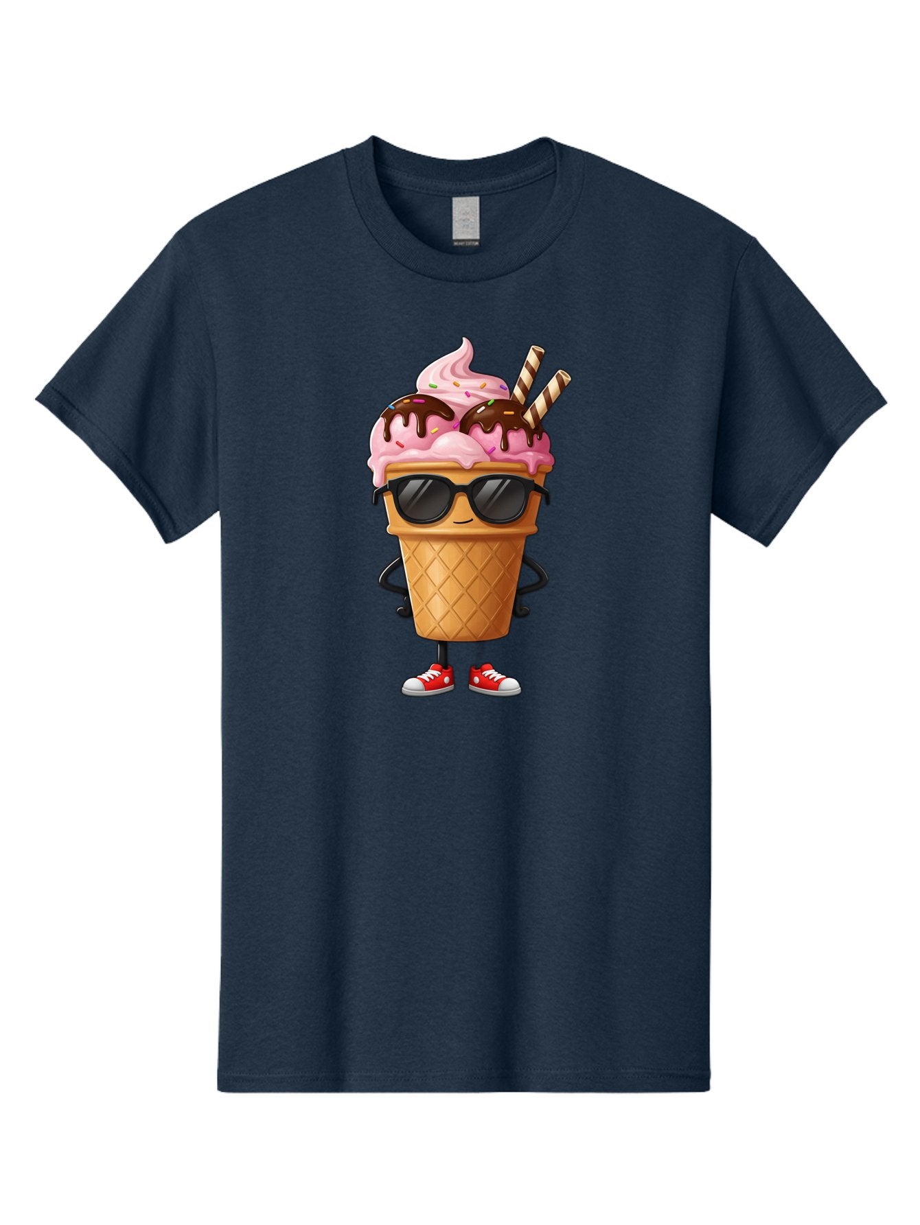 Cool-Ice-Cream-2 Men'S Graphic Tee, 100% Cotton, Comfortable Casual Summer Wear, Machine Washable, Ice Cream Cone Character, Pink Ice Cream, Chocolate Sauce, Striped Straws, Sunglasses, Red Sneakers, Cartoon Character, Sweet Treat, Baa400 7