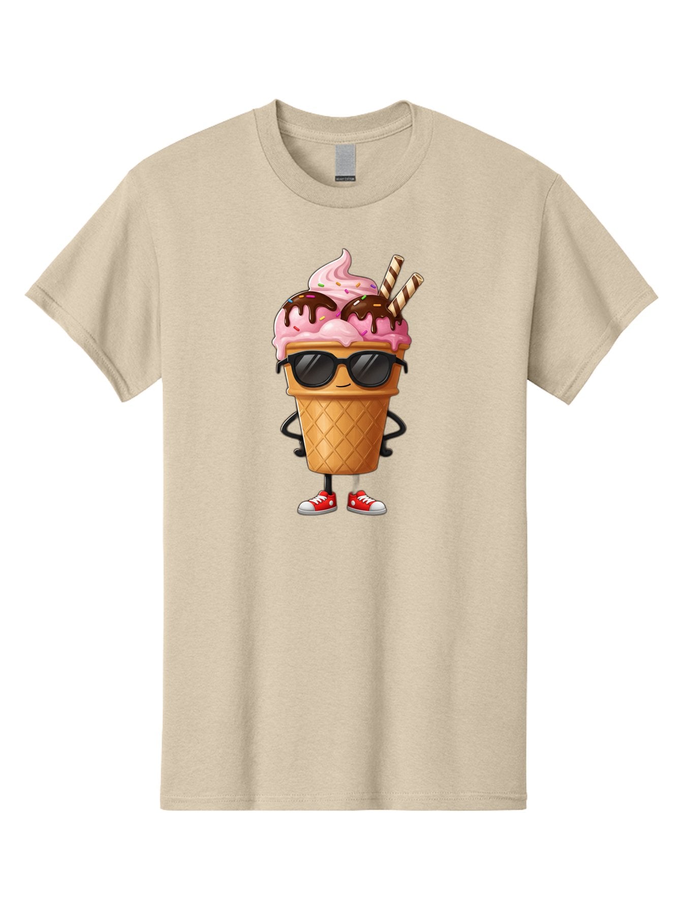 Cool-Ice-Cream-2 Men'S Graphic Tee, 100% Cotton, Comfortable Casual Summer Wear, Machine Washable, Ice Cream Cone Character, Pink Ice Cream, Chocolate Sauce, Striped Straws, Sunglasses, Red Sneakers, Cartoon Character, Sweet Treat, Baa400 9