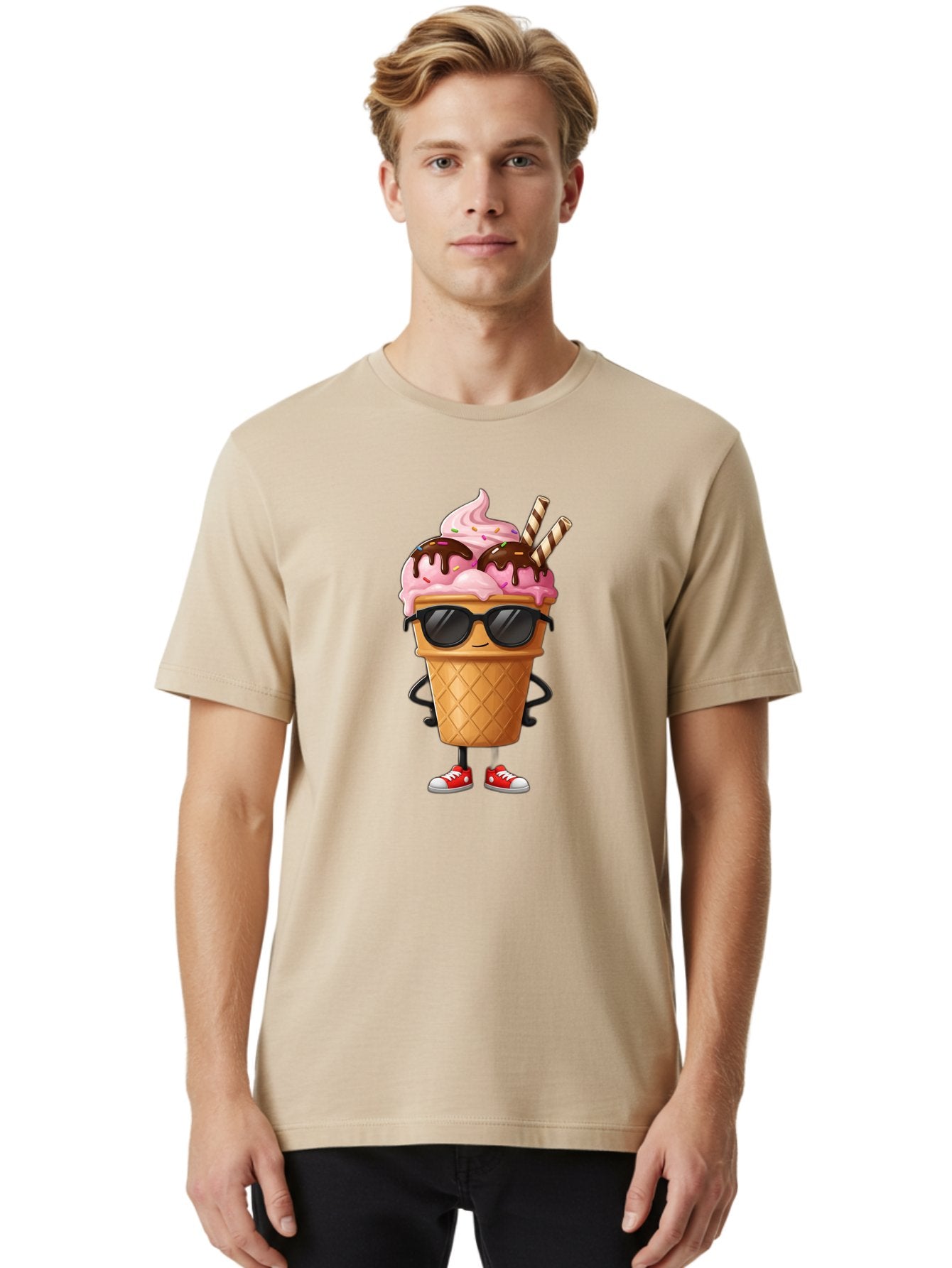 Cool-Ice-Cream-2 Men'S Graphic Tee, 100% Cotton, Comfortable Casual Summer Wear, Machine Washable, Ice Cream Cone Character, Pink Ice Cream, Chocolate Sauce, Striped Straws, Sunglasses, Red Sneakers, Cartoon Character, Sweet Treat, Baa400 26