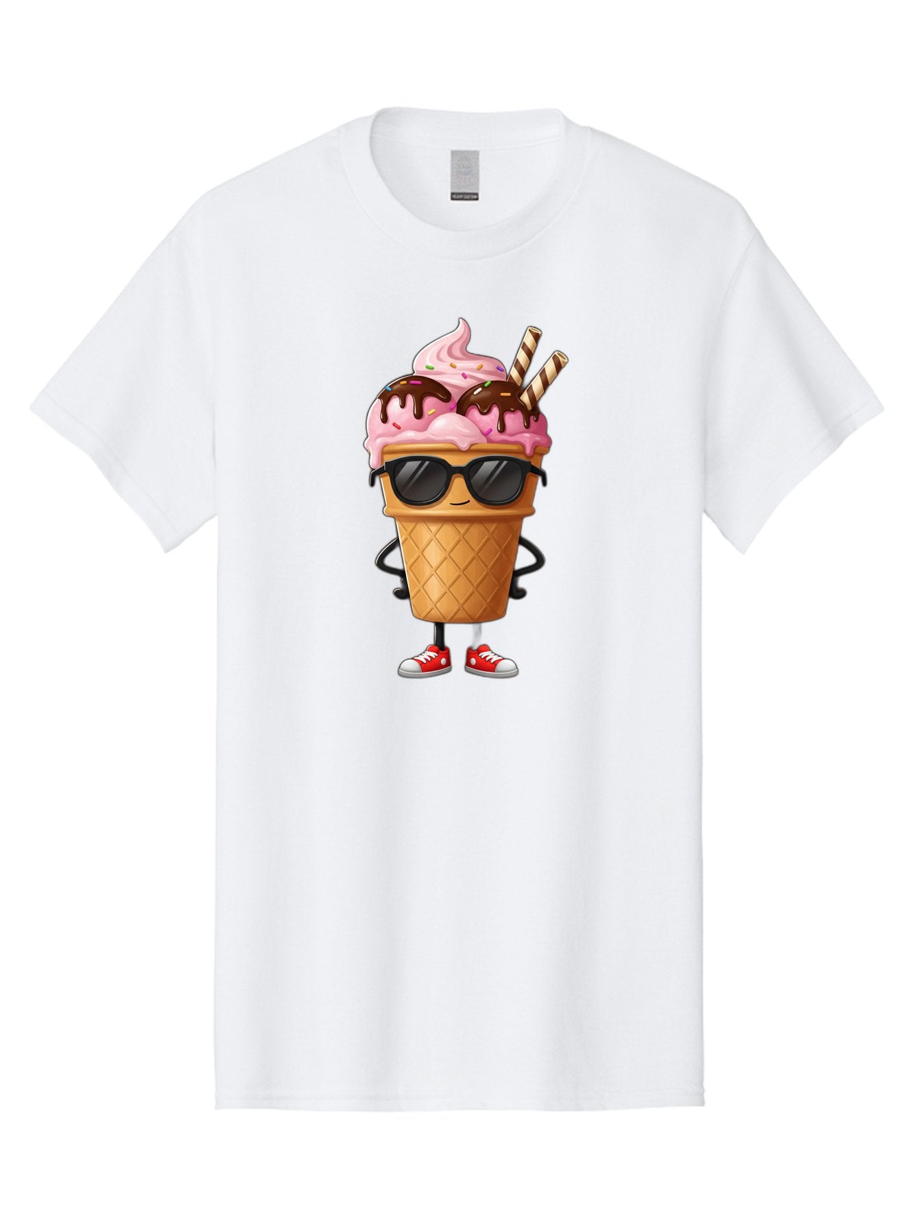 Cool-Ice-Cream-2 Men'S Graphic Tee, 100% Cotton, Comfortable Casual Summer Wear, Machine Washable, Ice Cream Cone Character, Pink Ice Cream, Chocolate Sauce, Striped Straws, Sunglasses, Red Sneakers, Cartoon Character, Sweet Treat, Baa400