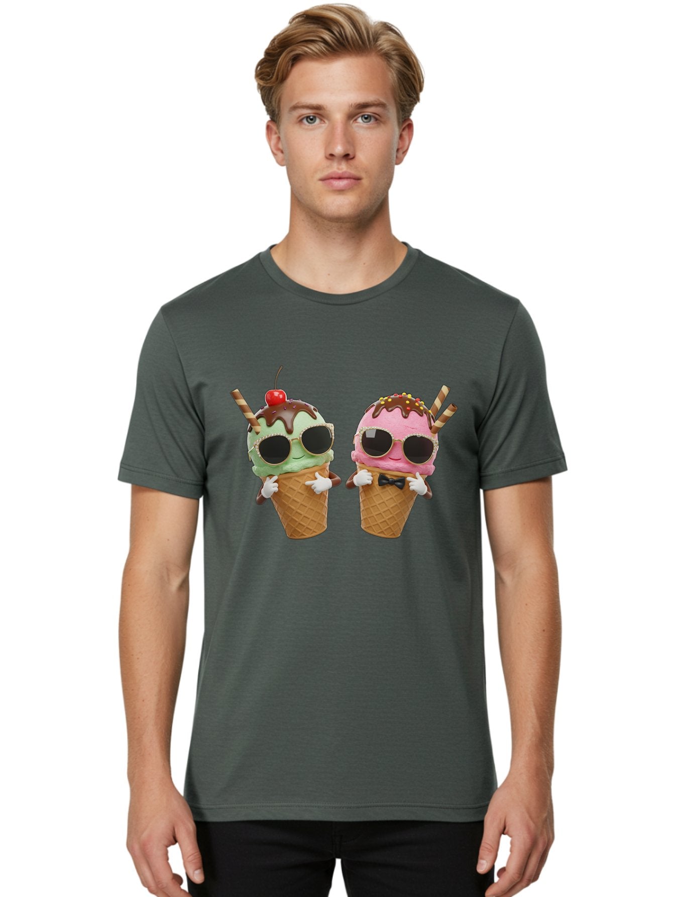 Cool-Ice-Cream-Cones-1 Men'S Graphic Tee, 100% Cotton, Comfortable Casual Summer Wear, Machine Washable, Fun Ice Cream, Cool Treats, Waffle Cones, Mint Ice Cream, Strawberry Ice Cream, Chocolate Sauce, Sunglasses, Playful Accessories, Baa401 24