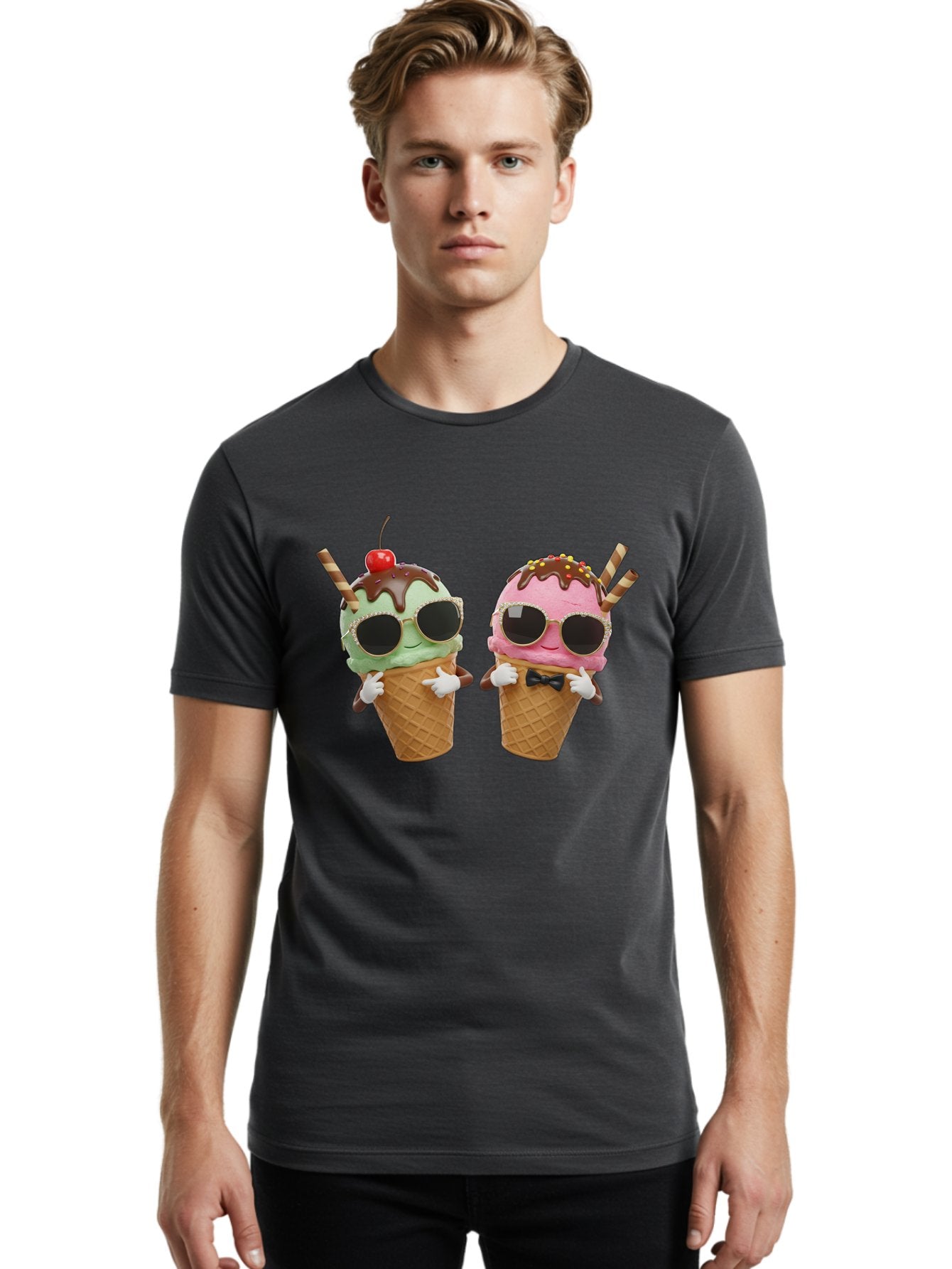 Cool-Ice-Cream-Cones-1 Men'S Graphic Tee, 100% Cotton, Comfortable Casual Summer Wear, Machine Washable, Fun Ice Cream, Cool Treats, Waffle Cones, Mint Ice Cream, Strawberry Ice Cream, Chocolate Sauce, Sunglasses, Playful Accessories, Baa401 30