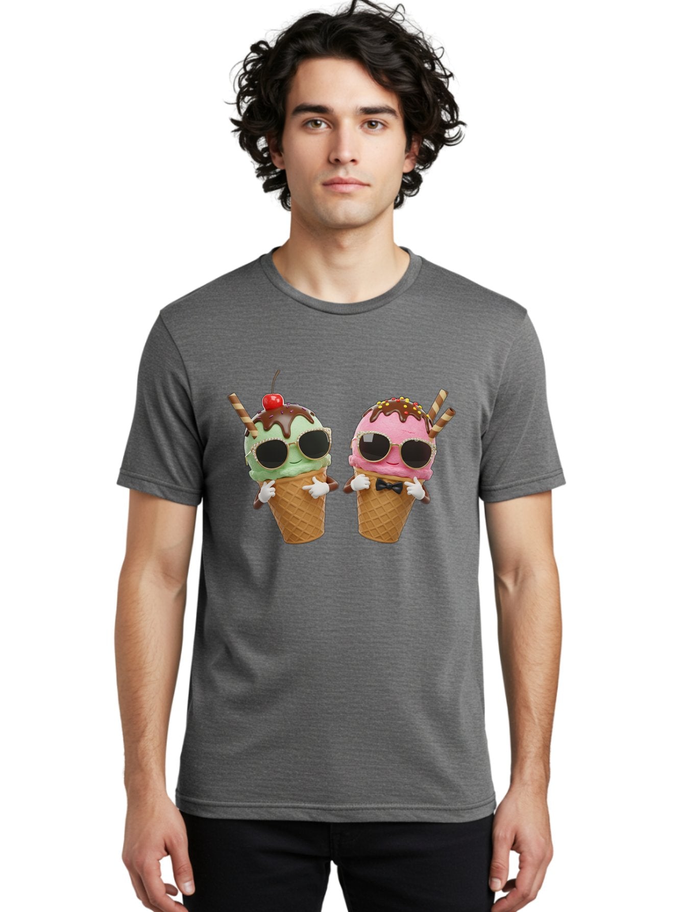 Cool-Ice-Cream-Cones-1 Men'S Graphic Tee, 100% Cotton, Comfortable Casual Summer Wear, Machine Washable, Fun Ice Cream, Cool Treats, Waffle Cones, Mint Ice Cream, Strawberry Ice Cream, Chocolate Sauce, Sunglasses, Playful Accessories, Baa401 29