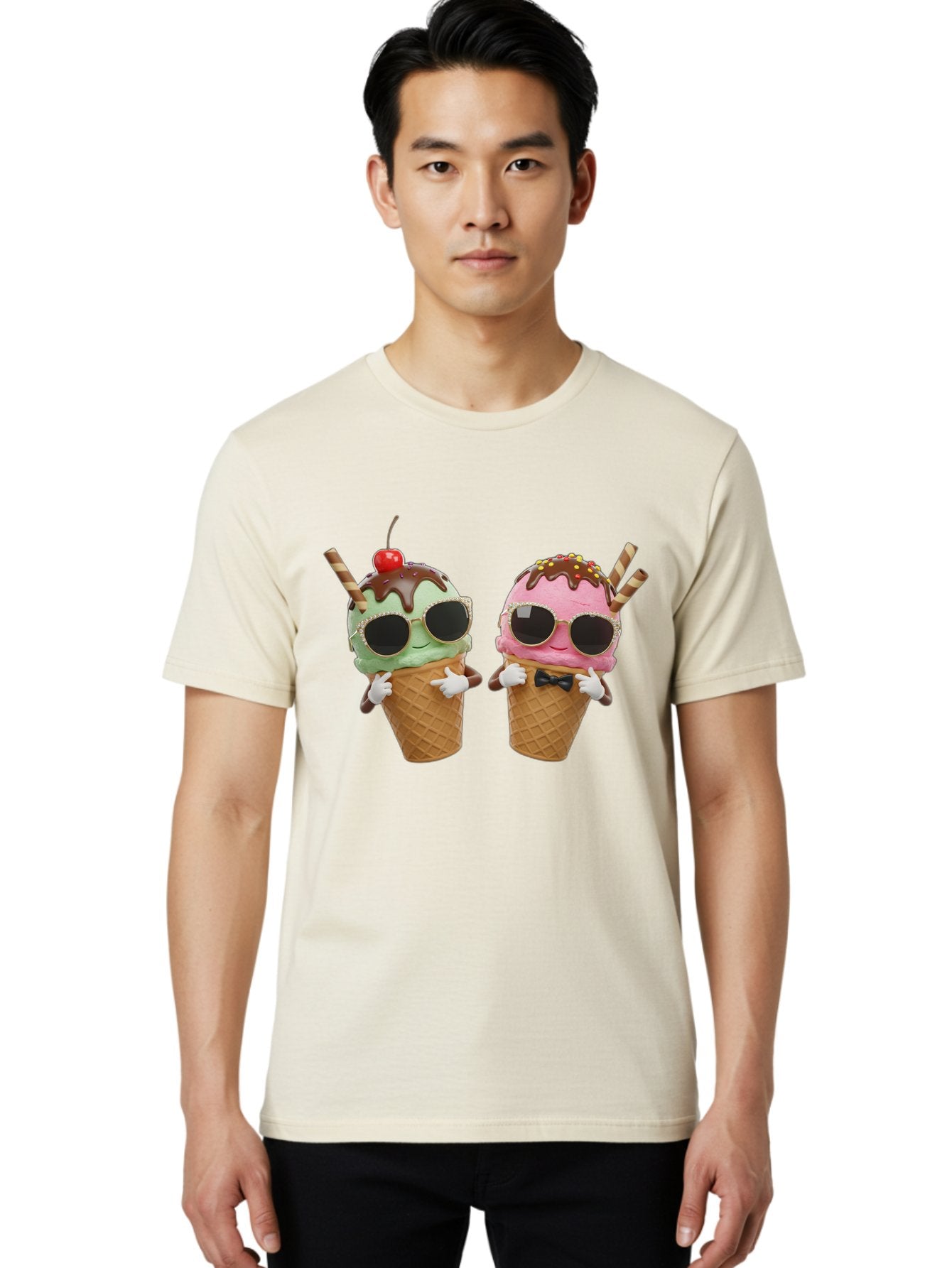 Cool-Ice-Cream-Cones-1 Men'S Graphic Tee, 100% Cotton, Comfortable Casual Summer Wear, Machine Washable, Fun Ice Cream, Cool Treats, Waffle Cones, Mint Ice Cream, Strawberry Ice Cream, Chocolate Sauce, Sunglasses, Playful Accessories, Baa401 22