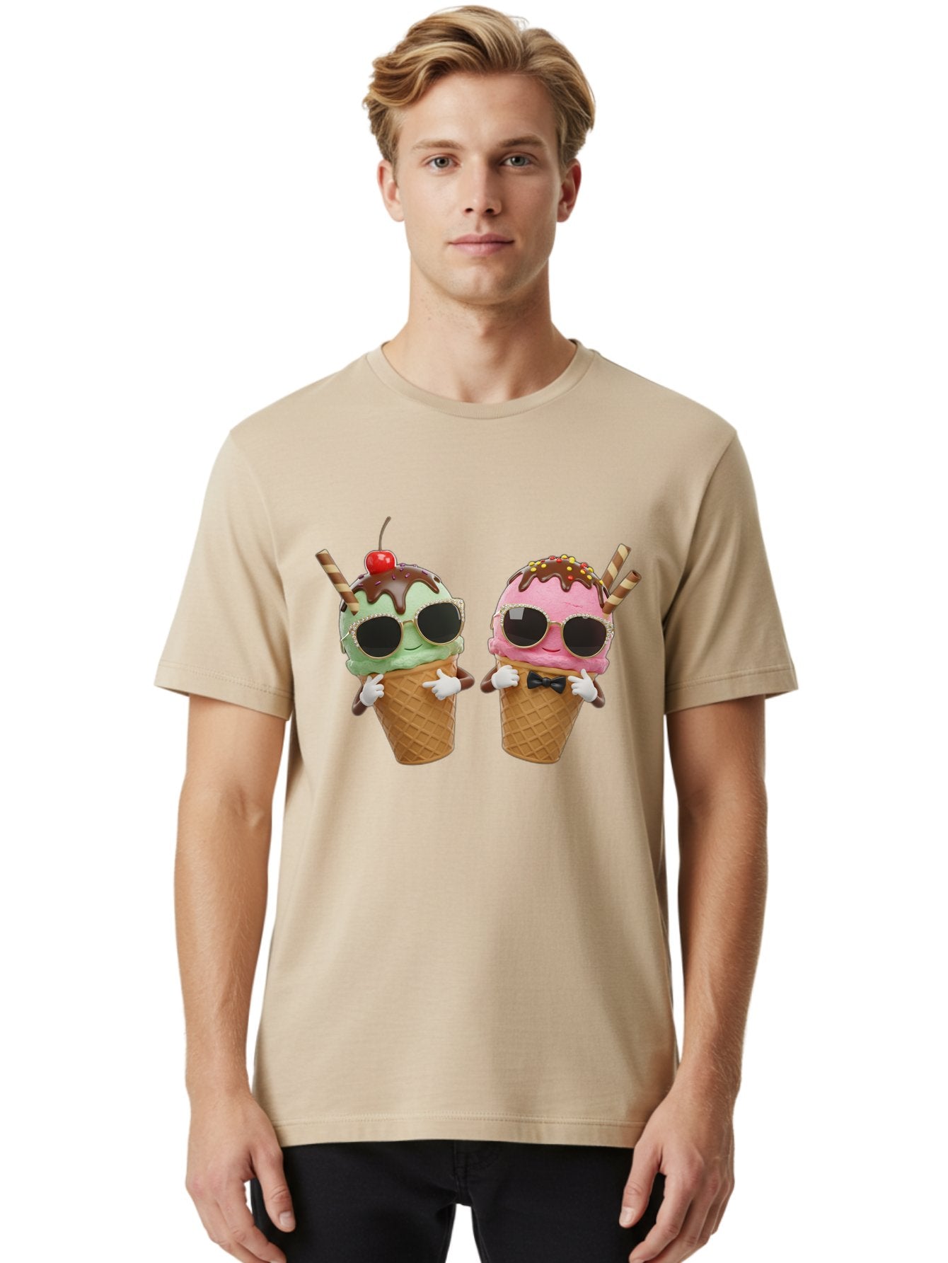 Cool-Ice-Cream-Cones-1 Men'S Graphic Tee, 100% Cotton, Comfortable Casual Summer Wear, Machine Washable, Fun Ice Cream, Cool Treats, Waffle Cones, Mint Ice Cream, Strawberry Ice Cream, Chocolate Sauce, Sunglasses, Playful Accessories, Baa401 20